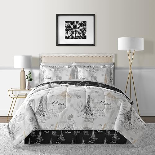 Lanwood Paris Sketch - Juego de edredón de 8 piezas, tamaño King, color blanco