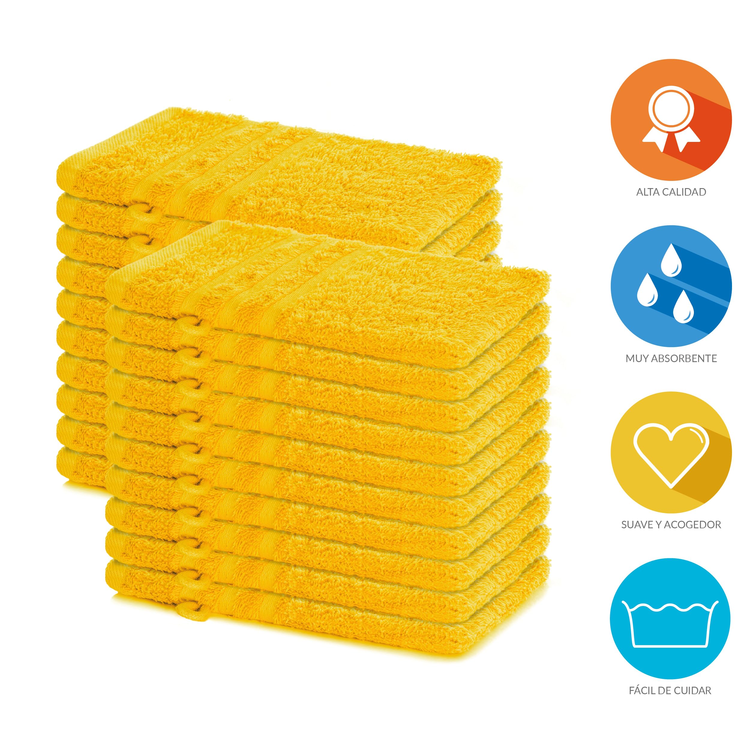 Lavea® Juego de 20 Guantes de Baño 15x21 cm de Rizo 100% Algodón - Suaves y Absorbentes – Manopla de Baño con Gancho para Casa, Hotel y SPA - Amarillo Colza