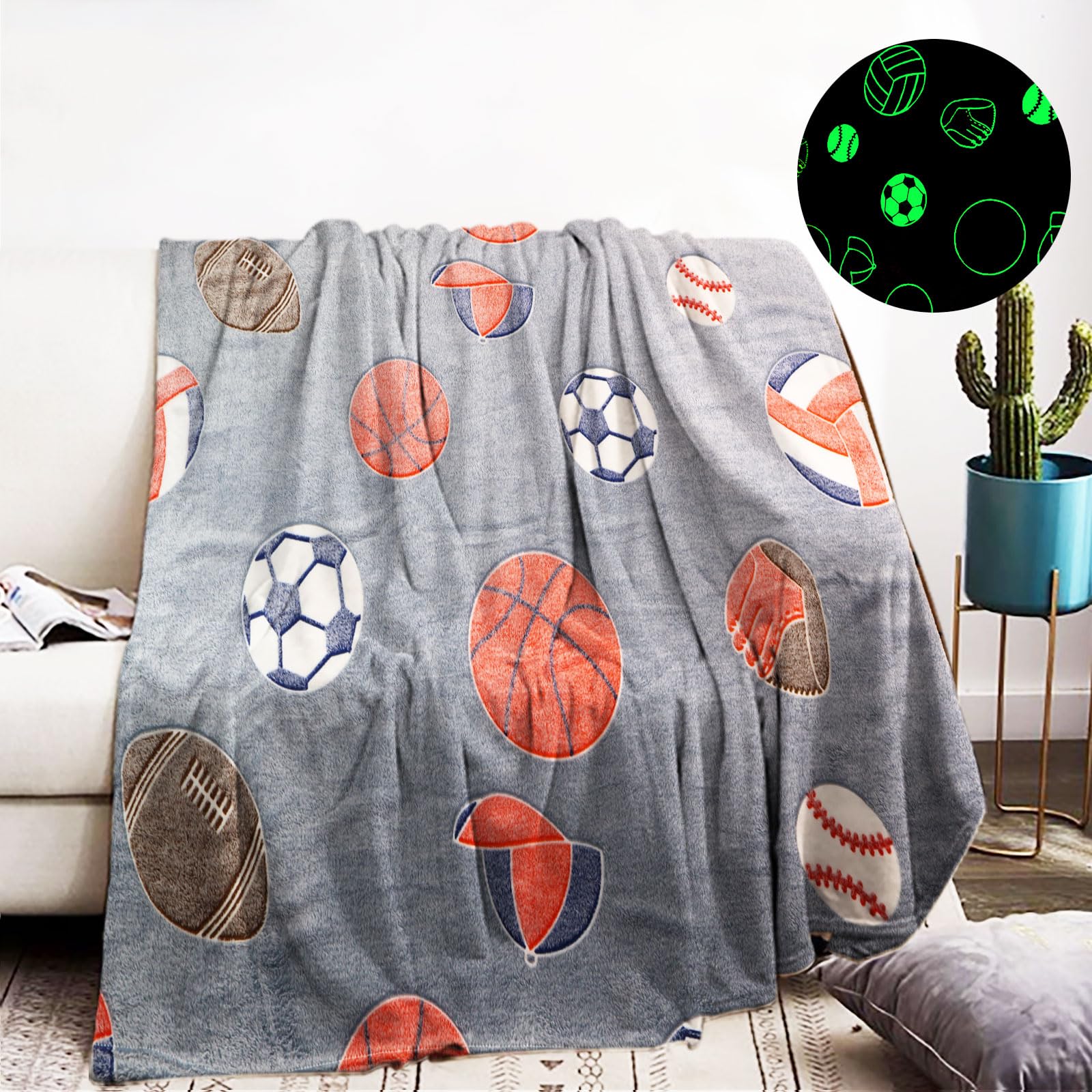 Manta mullida Que Brilla en la Oscuridad 150x200 cm, Manta con Estampado de fútbol Que Brilla en la Oscuridad, Manta de sofá Suave y mullida para niñas y niños (H, 150x200cm)