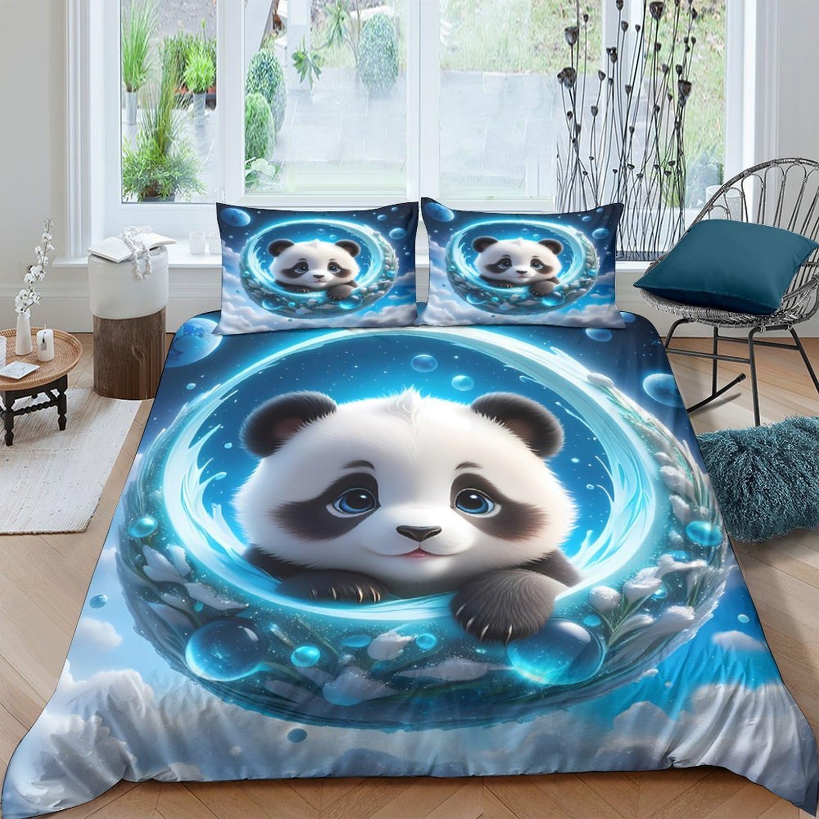 Ctjqhvkz Style-3 3D Printed Cute Panda Fitted Sheet Microfiber Soft Blue Cartoon Mattress Cover For Bedroom Dorm Protection Decor Single（135X200cm）