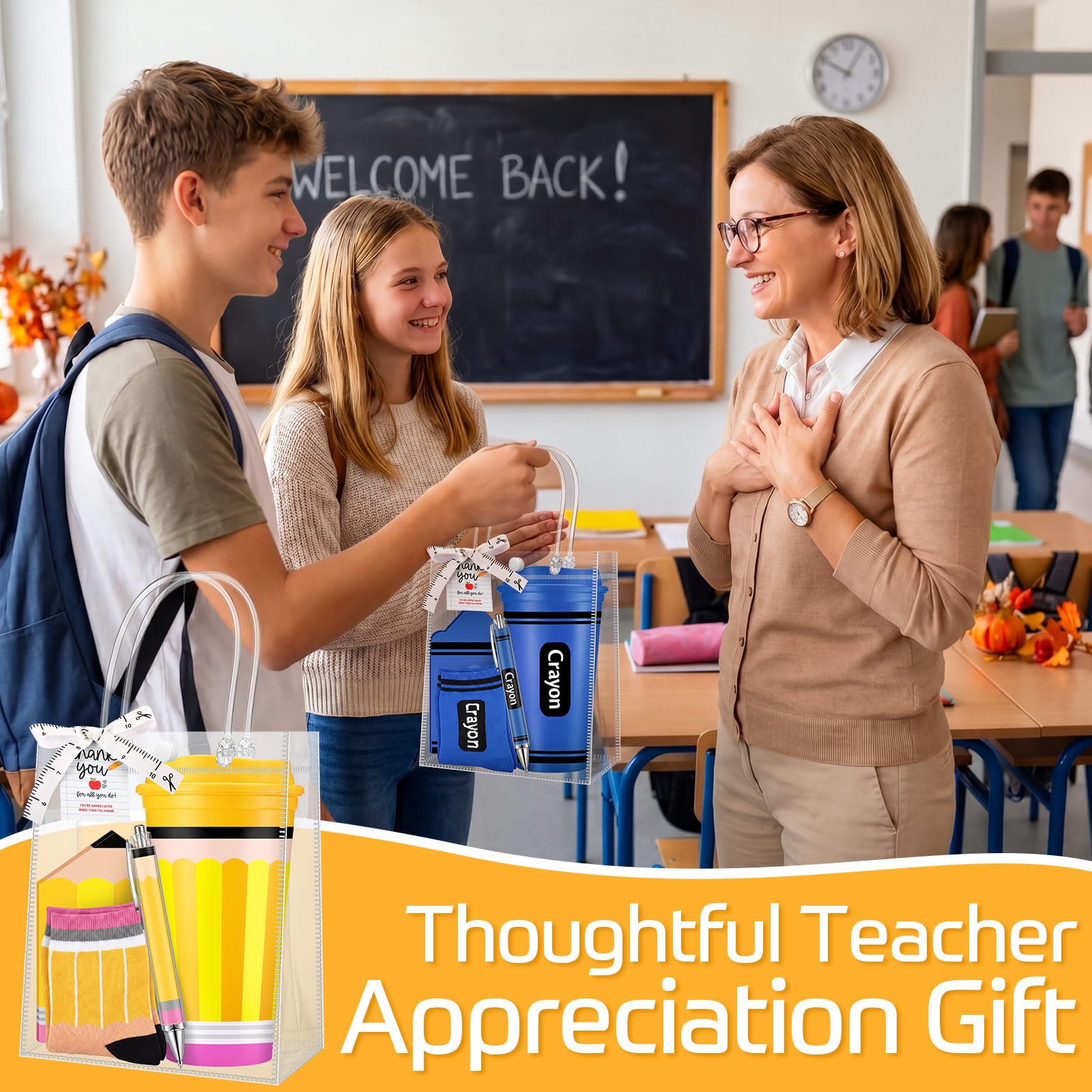 Marspark Geschenk-Set für Lehrer zum Schulanfang, 473 ml, 6 Stück, Kaffeetassen mit transparenten Geschenktüten, Socken, Notizblöcken, Stiften, Geschenkanhänger für den ersten Schultag, Klassenzimmer