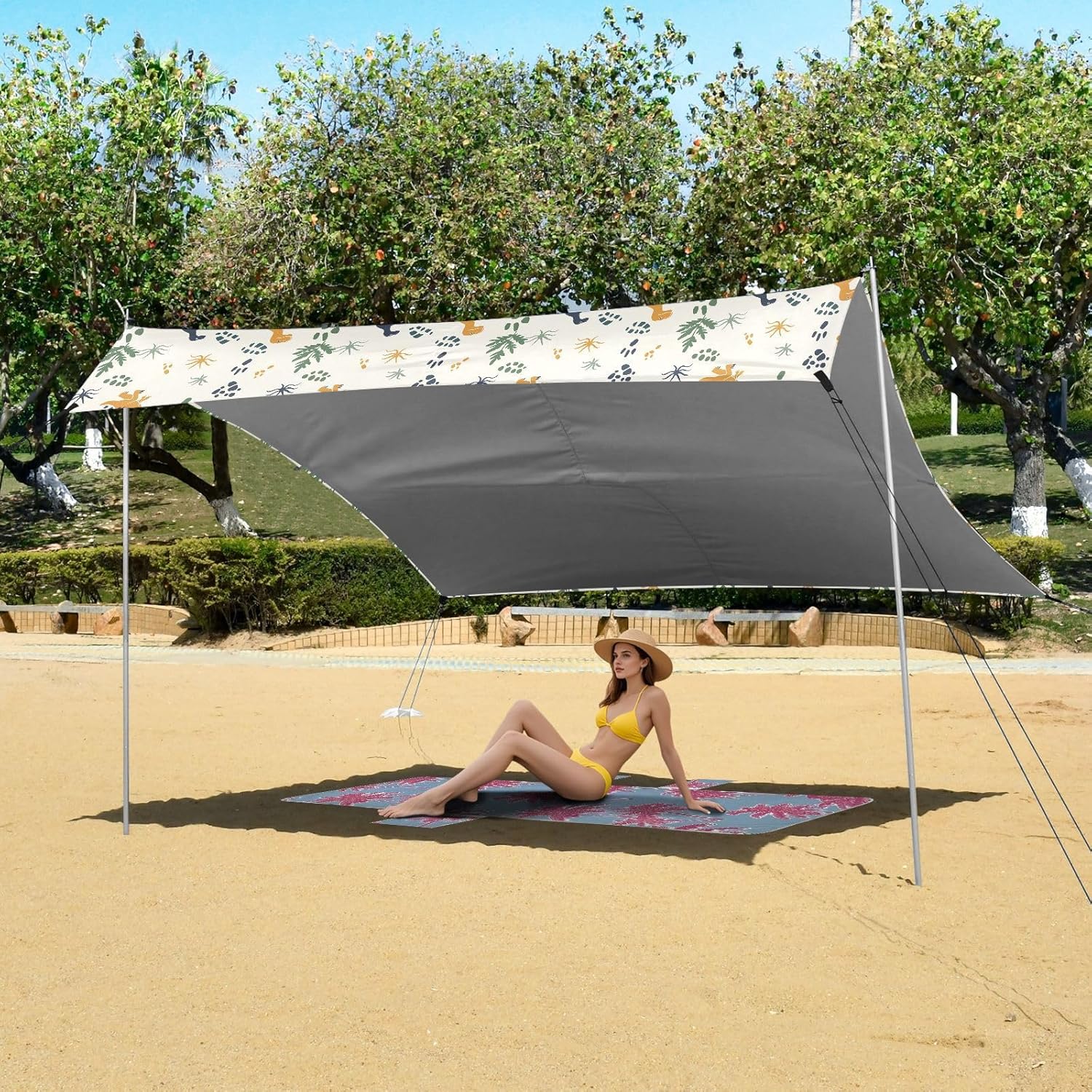 ALAZA Dinosaur Dino Footprint Beach Tent Sun Shelter UPF50+ Protection Beach Shade Canopy w/ 4 Sandbags for Outdoor Camping, Fishing, Backyard Fun, Picnic, 10x9 ft