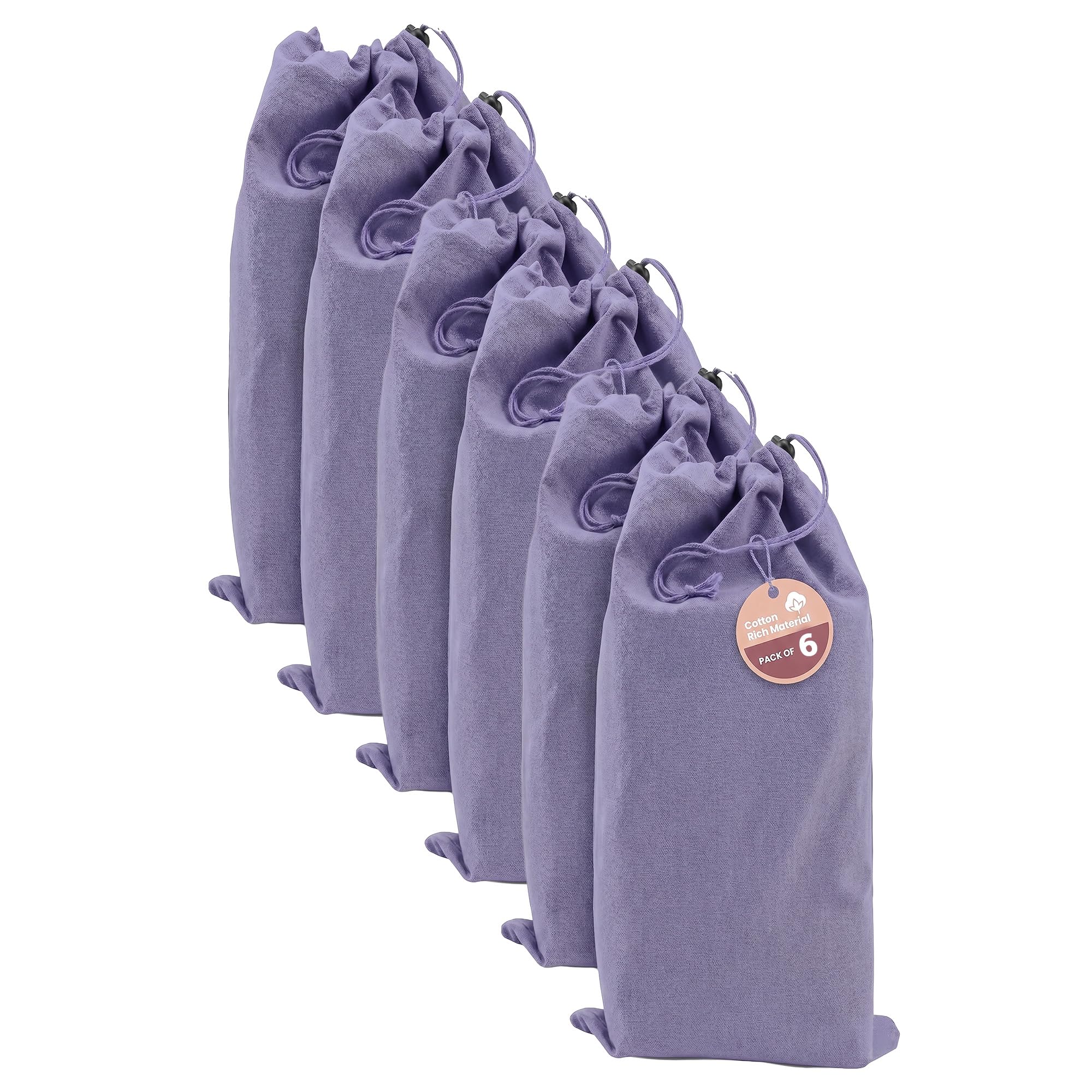 LFH Cotton Rich Shoe Storage Bags with Drawstring, Dustproof Breathable Reusable Organizer, Perfect For Travel, Dorm, Hotel, College, Gym, Easy to Carry, Machine Washable 8"x17" (Pack of 6) - Lavender