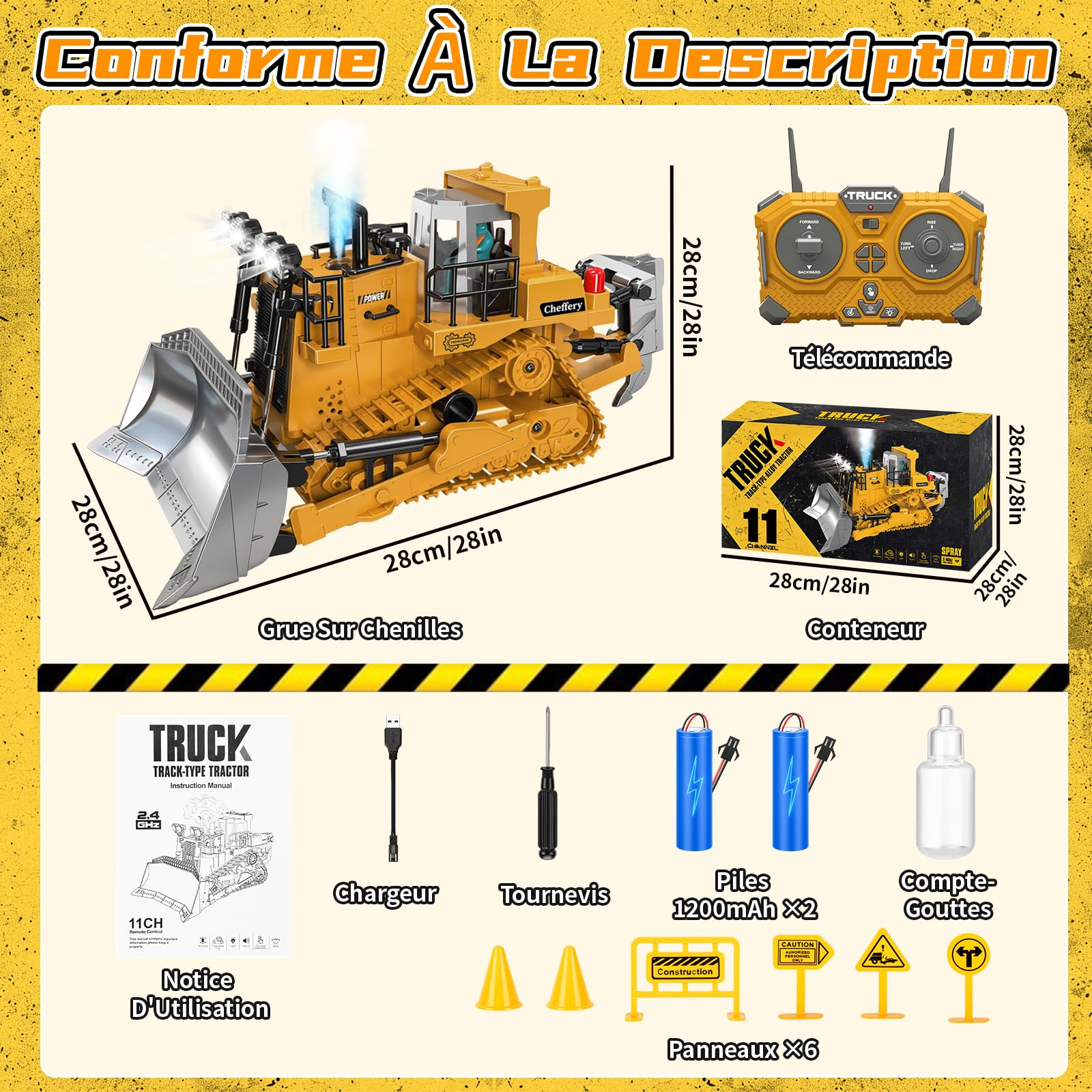 Bulldozer Télécommandé, 1:20 RC Bulldozer à 11 canaux, Jouet de Construction RC avec Lumières et Sonores, 2.4GHz Cadeau de Jouet Bulldozers pour Les Enfants Garçons Filles âgés de 4 à 12 Ans