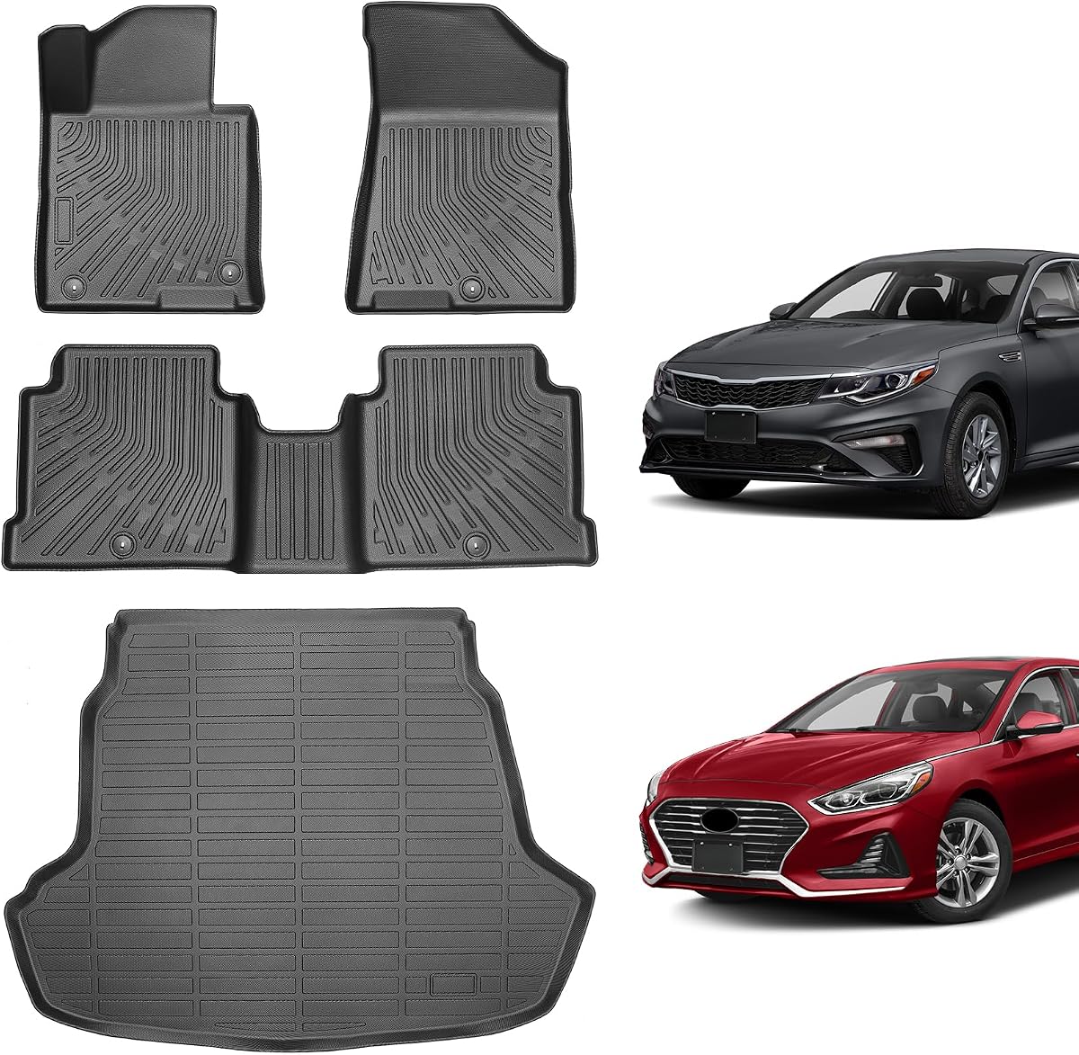 Floor Mats for Hyundai Sonata 2015-2019 & Kia Optima 2016-2019 | Custom Fit All Weather TPE Liners, Waterproof Anti-Slip Car Mats Accessories, Full Set Odorless Easy-Clean Mats & Cargo Liner