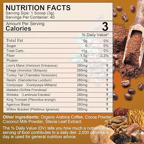 Miniatura 7 de Café de hongos - Café instantáneo en polvo de hongos de melena de león con melena de león, reishi, chaga, cordyceps y cola de pavo - Alternativa de