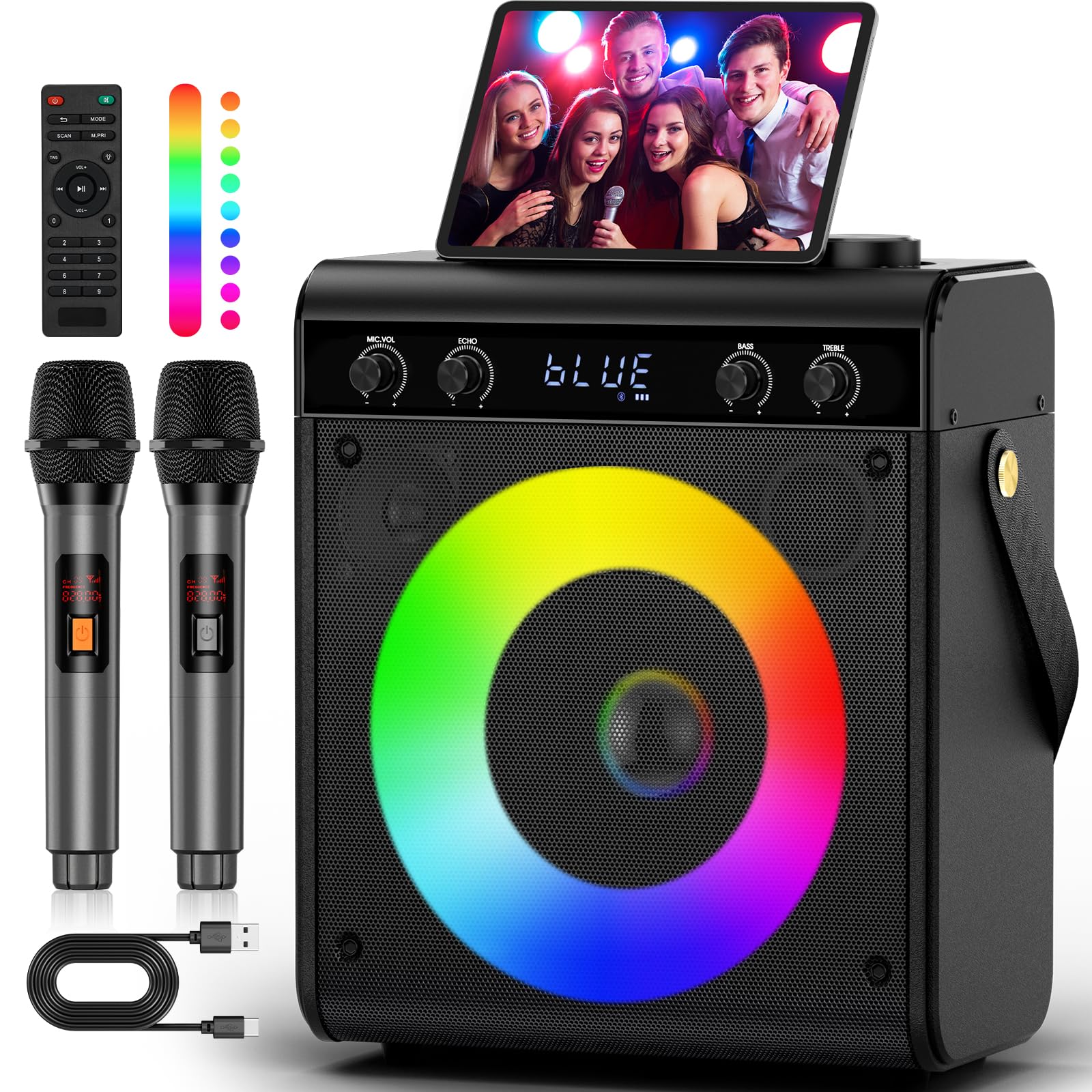Karaoke Machine, Portable Bluetooth Speaker with 2 Wireless Microphones for Adults & Kids - PA System, LED Lights, Bass/Treble Control, AUX/USB/TF/FM for Home Party Outdoor Singing
