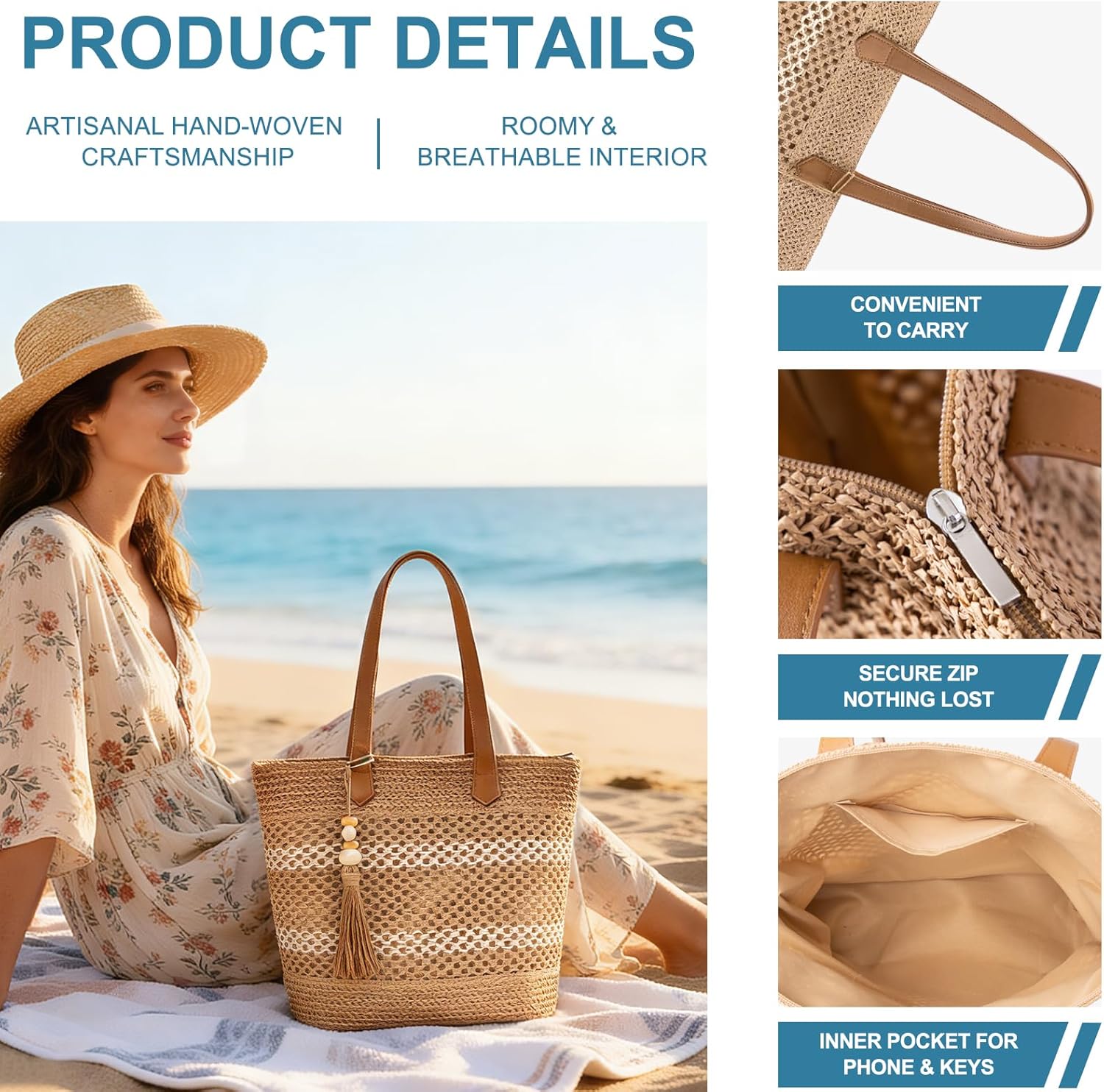 Straw Beach Tote Bag Women - 2026 Handwoven Summer Purse Handbag with Zipper Perfect for Vacation Travel Pool | Large Roomy, Zipper Closure, Lightweight Foldable, Ideal Summer Gift, Portable Beach Bag, Boho Style
