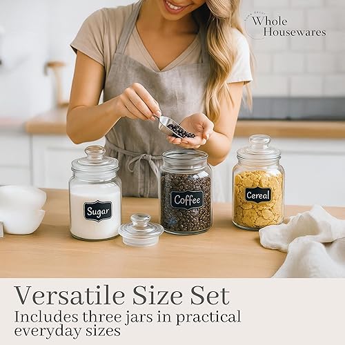 Miniatura 6 de WHOLE HOUSEWARES Juego de 3 recipientes de vidrio con tapas herméticas, tarros de almacenamiento de vidrio para dulces, galletas, harina, azúcar,