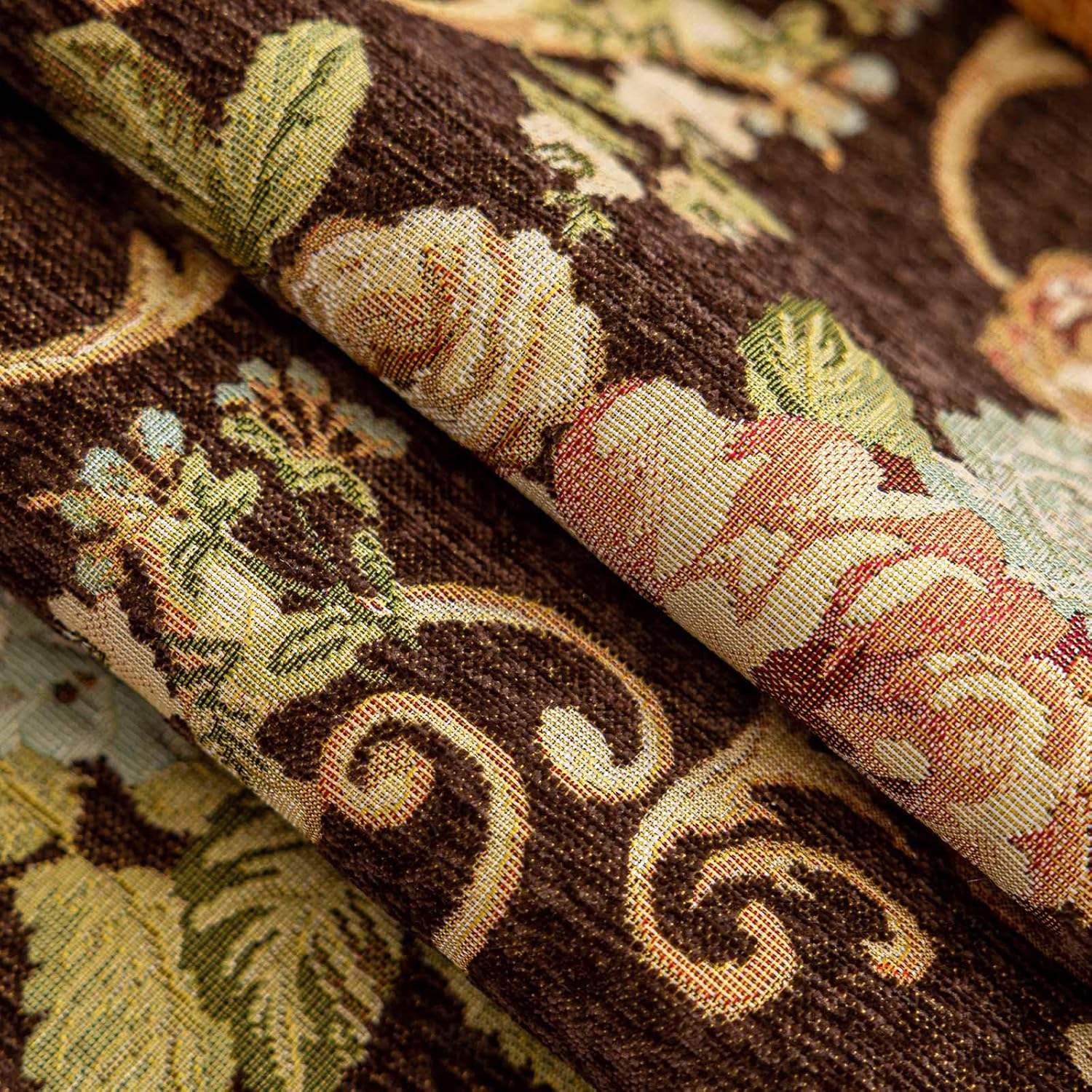 Luxury Chenille Coffee Table Cloth Non-Slip Silicone Backing Heavyweight French Damask Jacquard with Elegant Lace Edge Vintage Floral Furniture Protector(Fhsjz Brown Floral,63" L x 23.7" W)