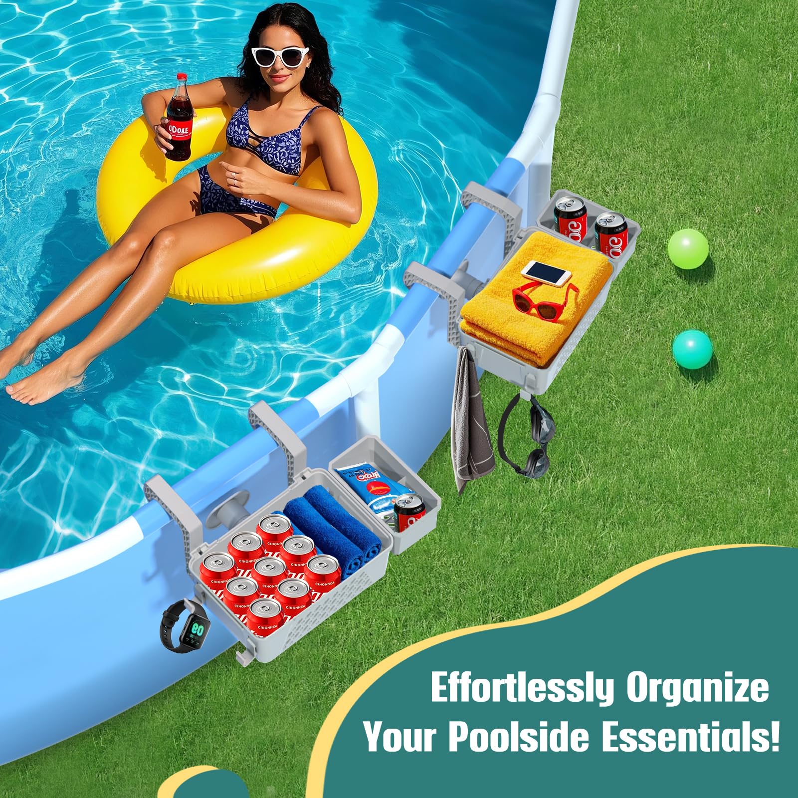 Cesto portaoggetti a bordo piscina, accessori per piscina fuori terra, cestini per piscina con asciugamano organizzato, adatto a binari superiori da 7,6 cm o meno, cestino organizer versatile per