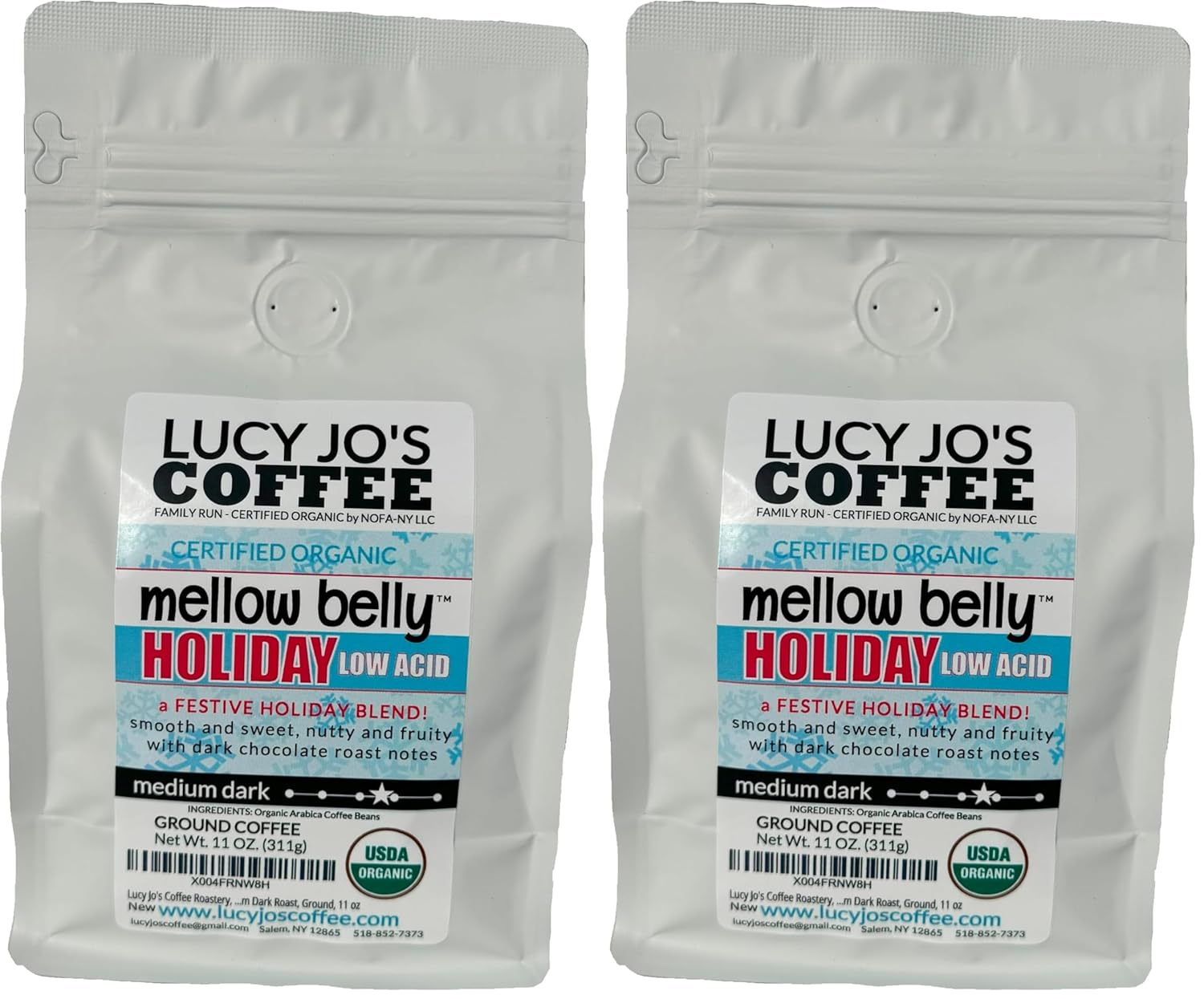 Lucy Jo's Coffee Roastery, Organic Mellow Belly Holiday Low Acid Blend, Medium Dark Roast, Ground, 11 oz (Pack of 2)