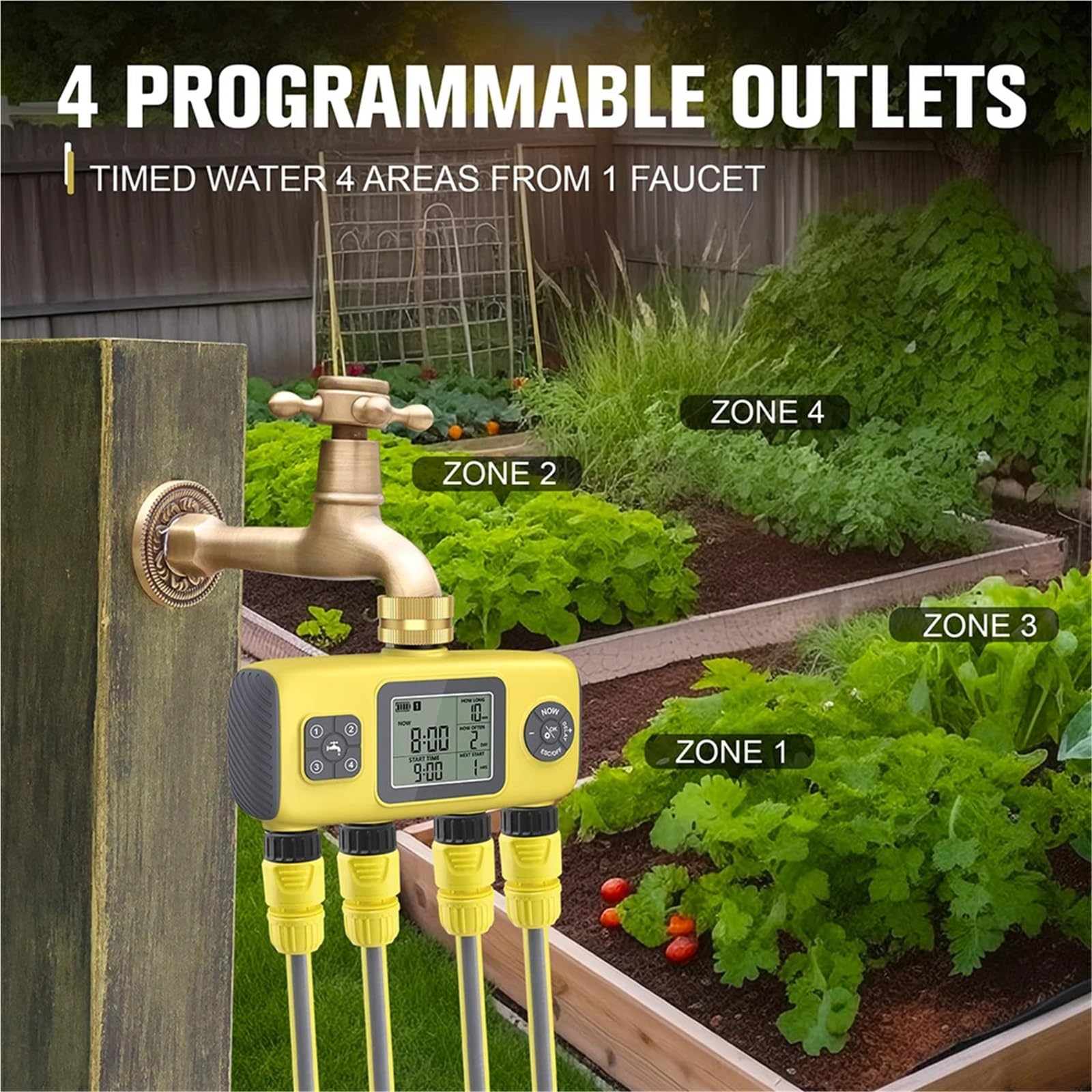 Timer acqua a 4 uscite Il più recente di irrigazione automatica da giardino a 4 zone Temporizzazione intelligente degli irrigatori for il controller di irrigazione del giardino