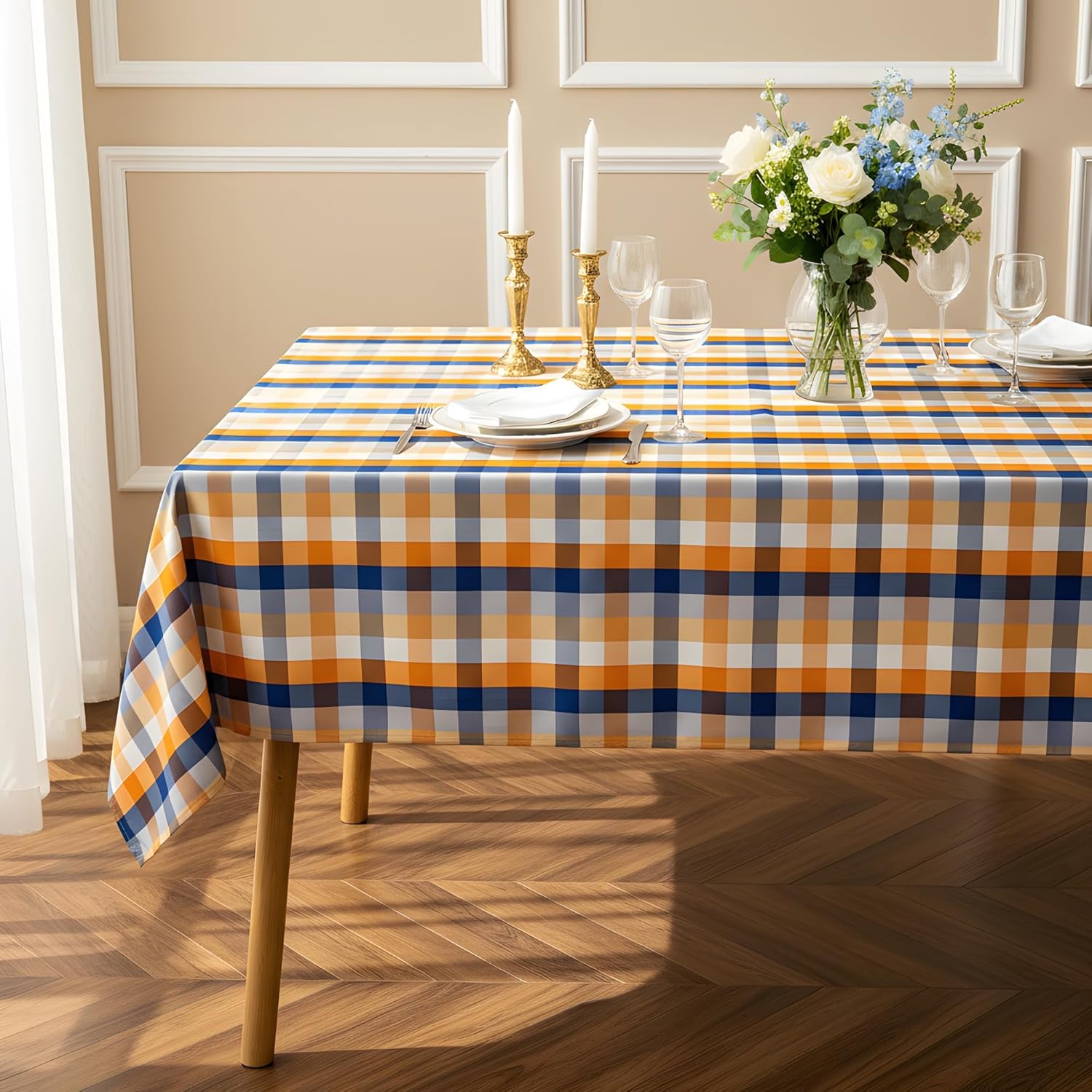 Fall Plaid Waterproof Tablecloth – Orange, Blue & White Check Pattern – Thanksgiving Harvest Table Cover, Stain-Resistant & Durable, W60 x L144 in Orange and Blue Plaid 144" x 60" (Rectangular)