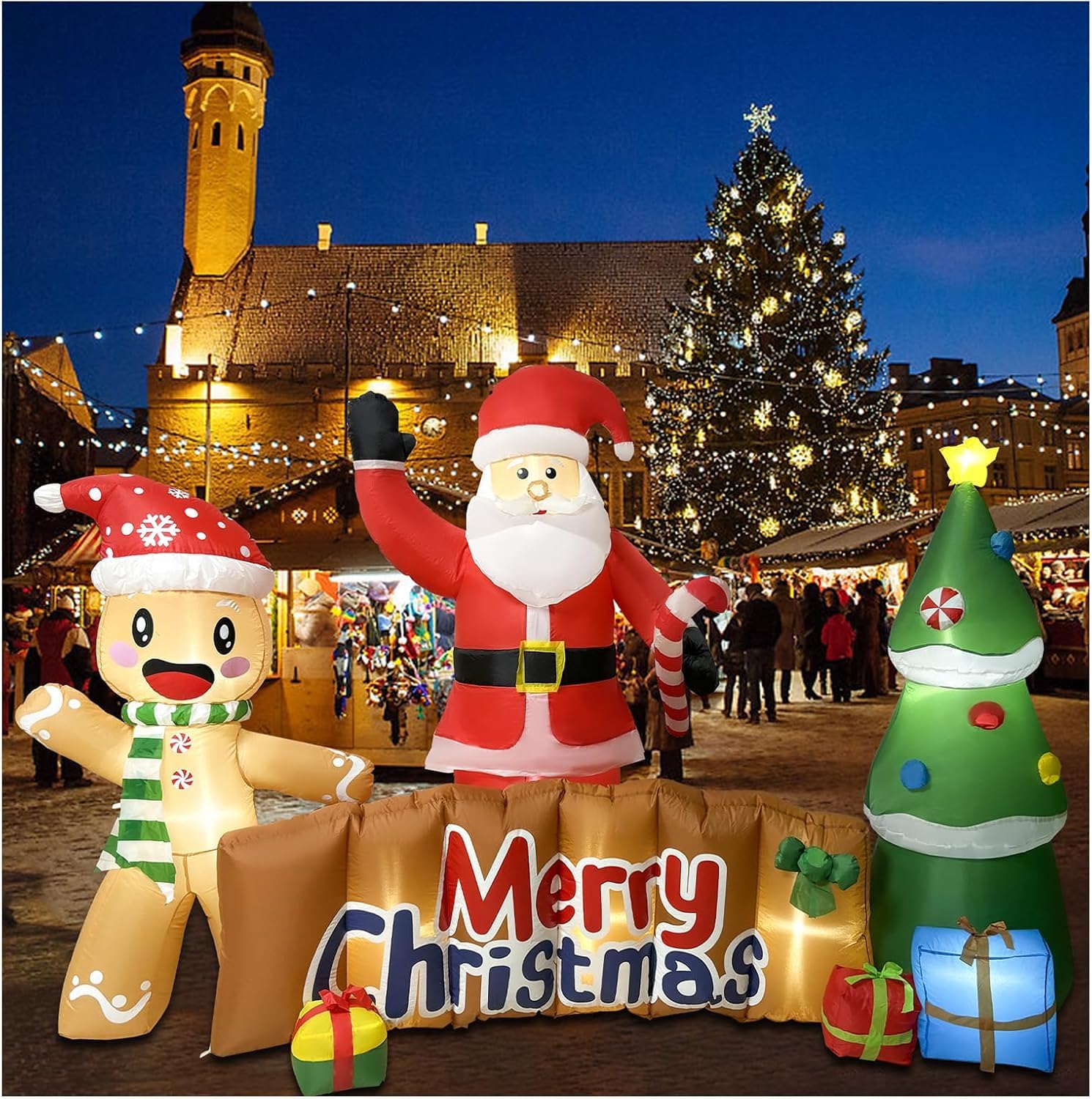 ZXSWONLY Décoration Gonflable géante (3 mètres) « Joyeux Noël » avec Père Noël, Bonhomme en Pain d'épice et Sapin – Décoration d'extérieur pour Jardin, terrasse ou pelouse