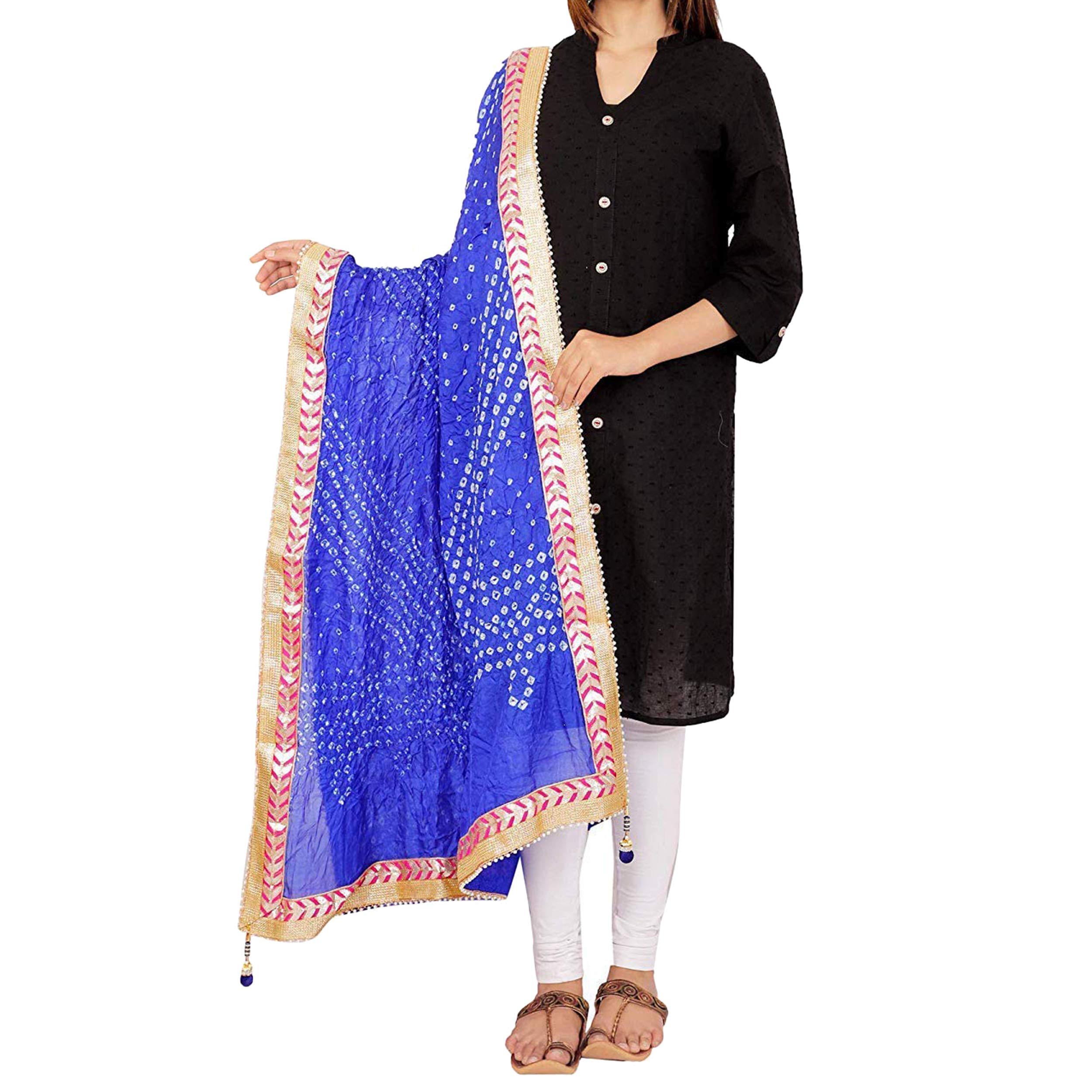 Way2likeWomen Jaipuri Bandhani Dupatta with Gota Work and latkan Rajasthani Silk Bandhej Multicolor Scarf
