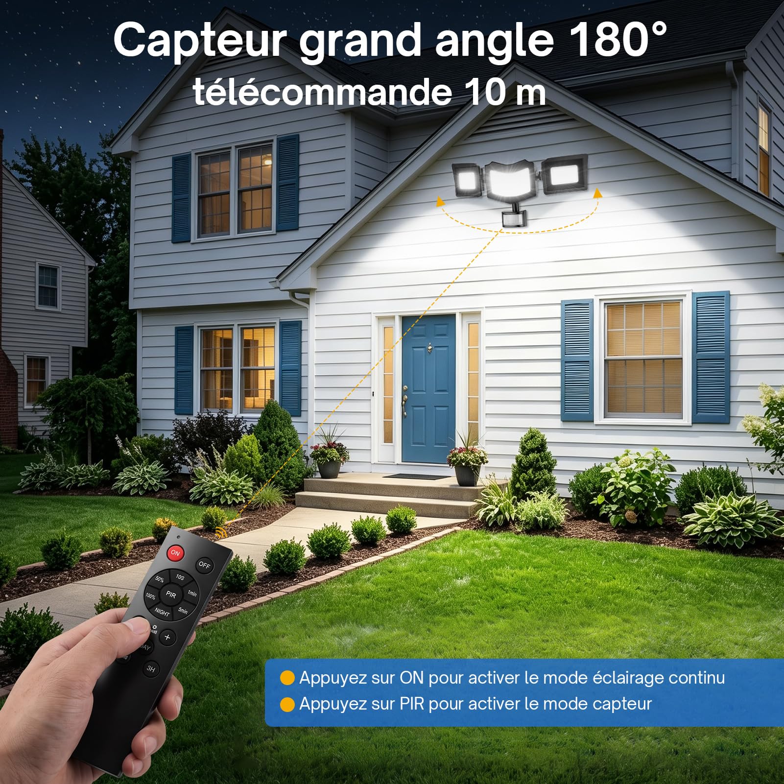 Projecteur LED avec détecteur de mouvement extérieur 100 W, 3 têtes
