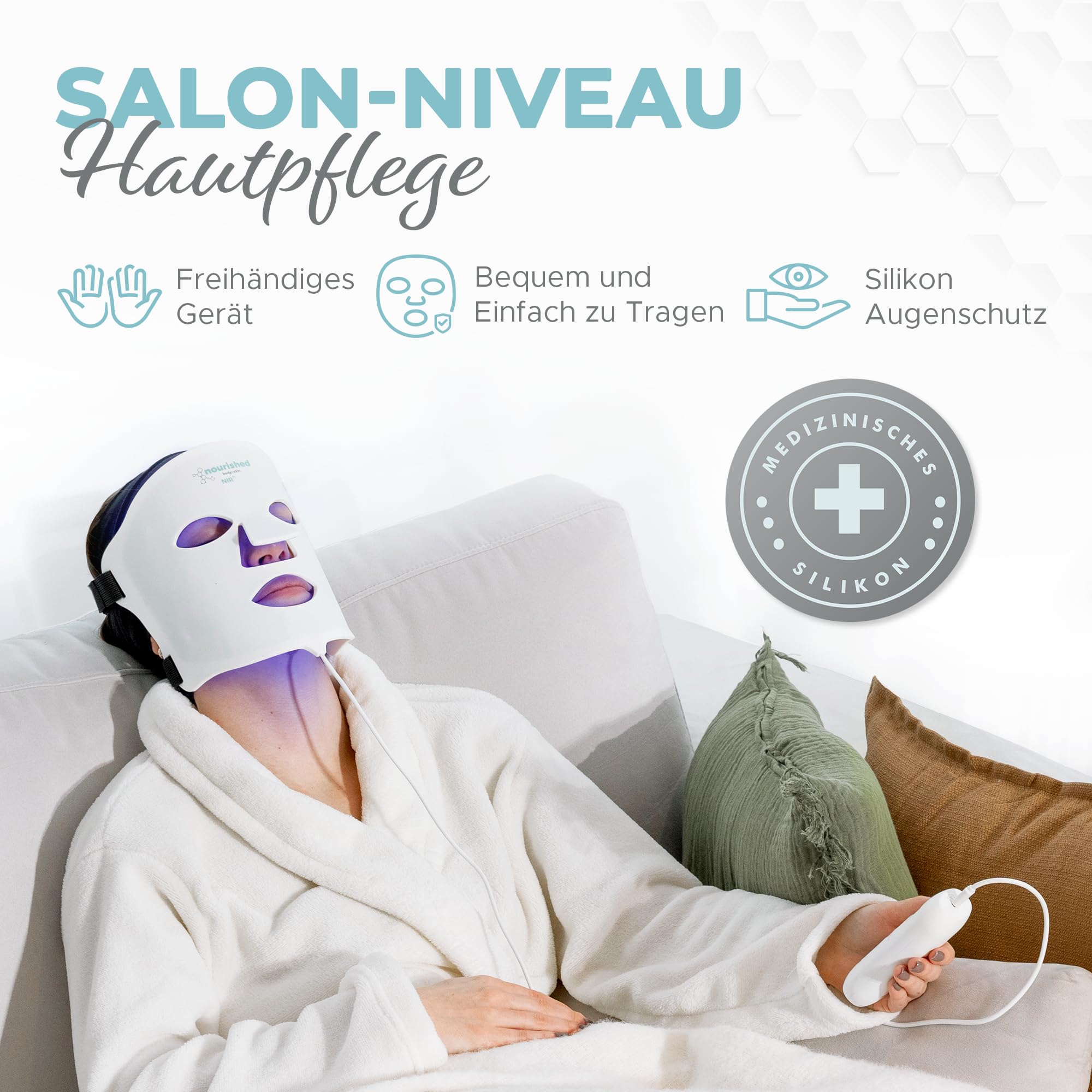 Nourished Bodynskin 7-Farben-LED-Gesichtsmaske mit Nahinfrarot - Blaue, rote Lichttherapie für das Gesicht - 456 LEDs - Hautpflegegerät gegen Falten, Anti-Aging