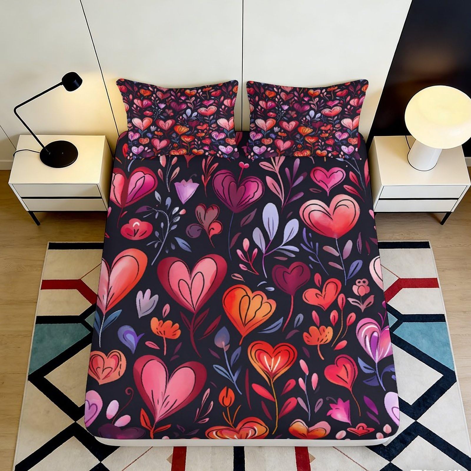 3D Printed Heart Floral Fitted Sheet Microfiber Anti-Slip Mattress Cover for Bedroom Guest Room Dorm Machine Washable 160x200x25cm