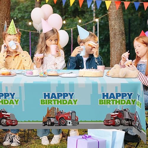 Miniatura 5 de Mantel de feliz cumpleaños para camión, suministros de plástico para niños, niñas, color verde, suministros de fiesta de cumpleaños, fiesta, picnic,