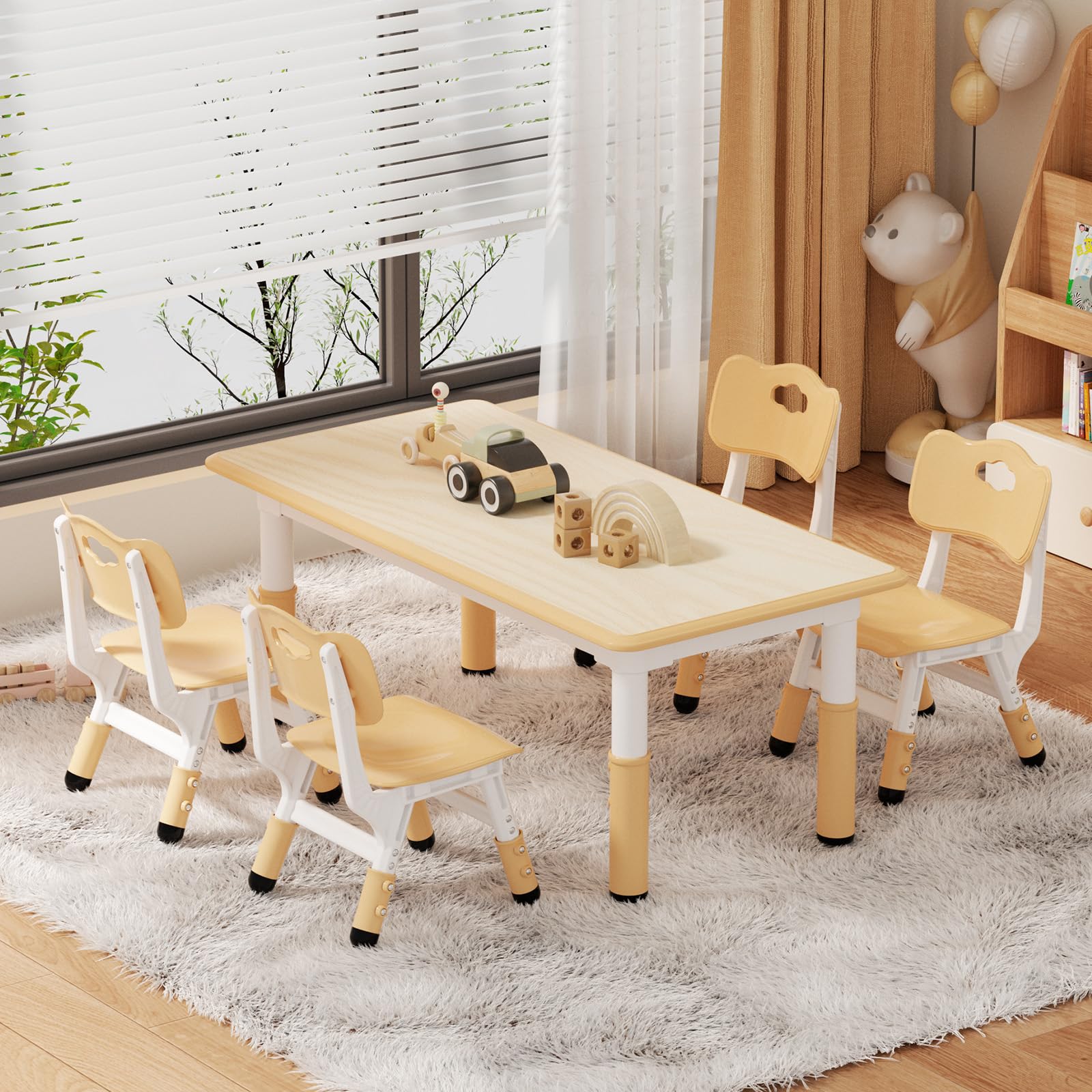 LulliSpace Kids Table and 4 Chairs Set?Height Adjustable Children Table & Chair?Toddlers Study Multi-Activity Table with 47.2