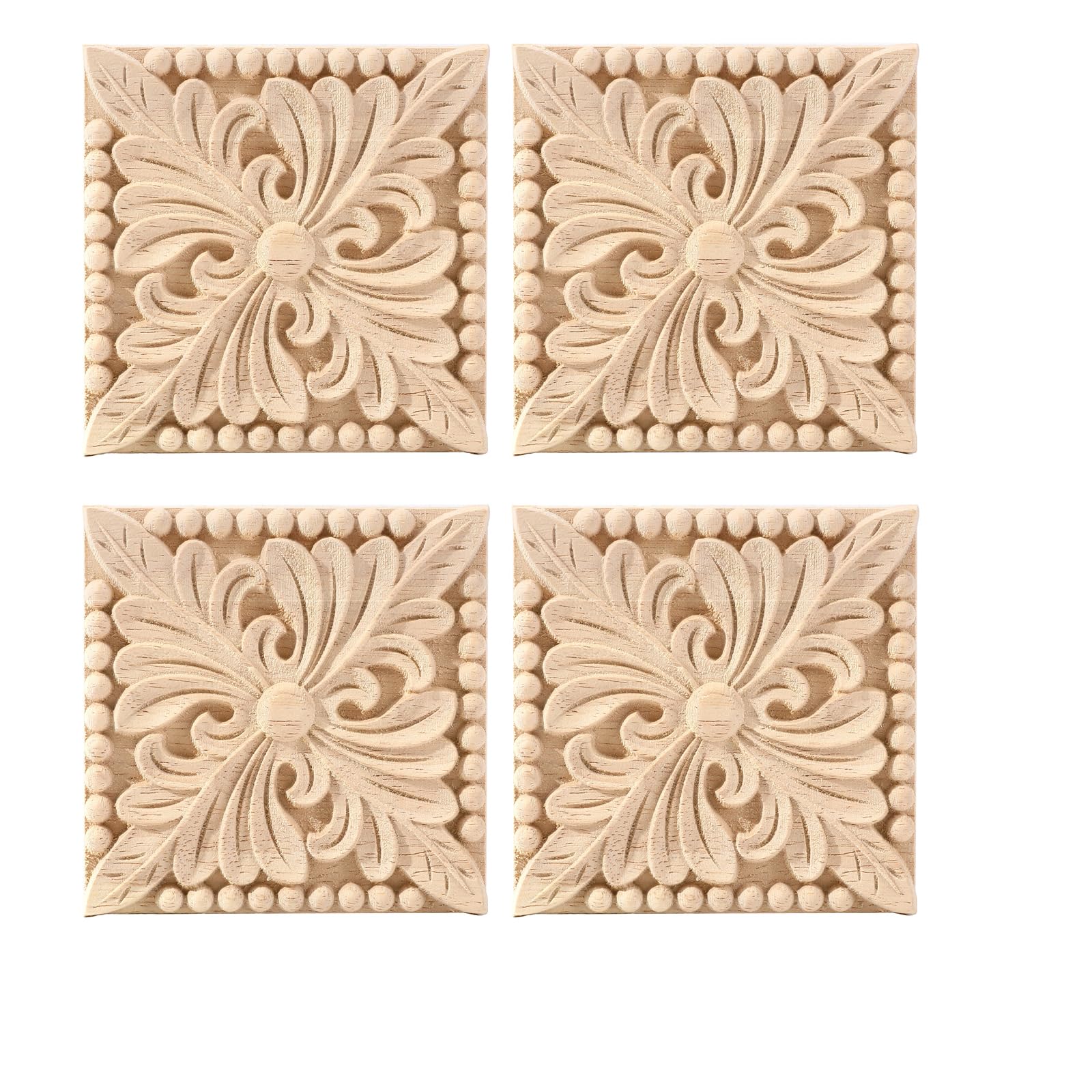 BSYMDH 4PCS Wooden Carved Appliques Onlays Carving Checkered Applique Wood Square Carving Decal for Bed Door Cabinet Mirror Fireplace Wardrobe