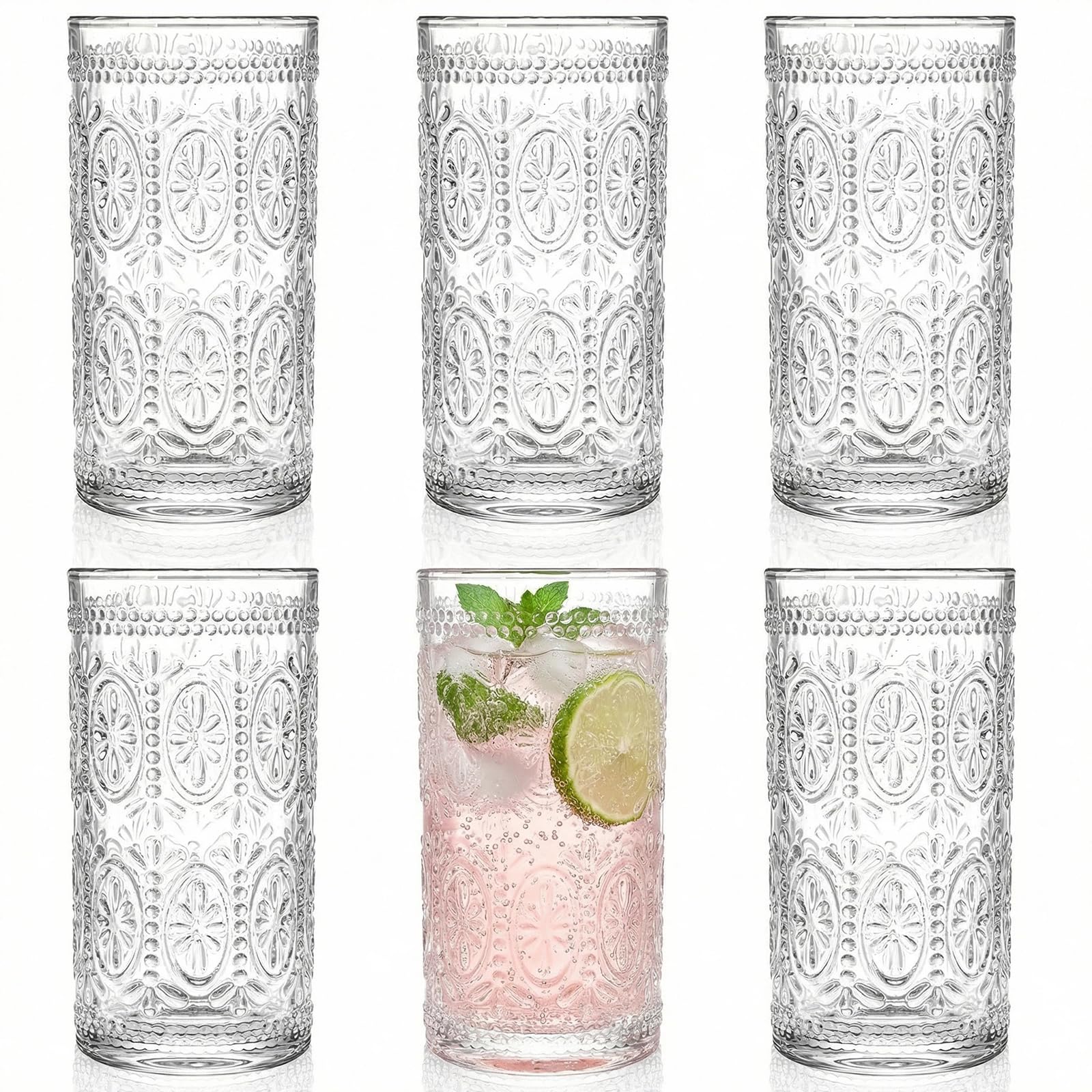 6 Pack 360ml Romantic Water Glasses, Premium Drinking Glasses Tumblers for Beverages, Beer, Refreshments, Vintage Glassware Set for Dinner Parties, Bars, Restaurants
