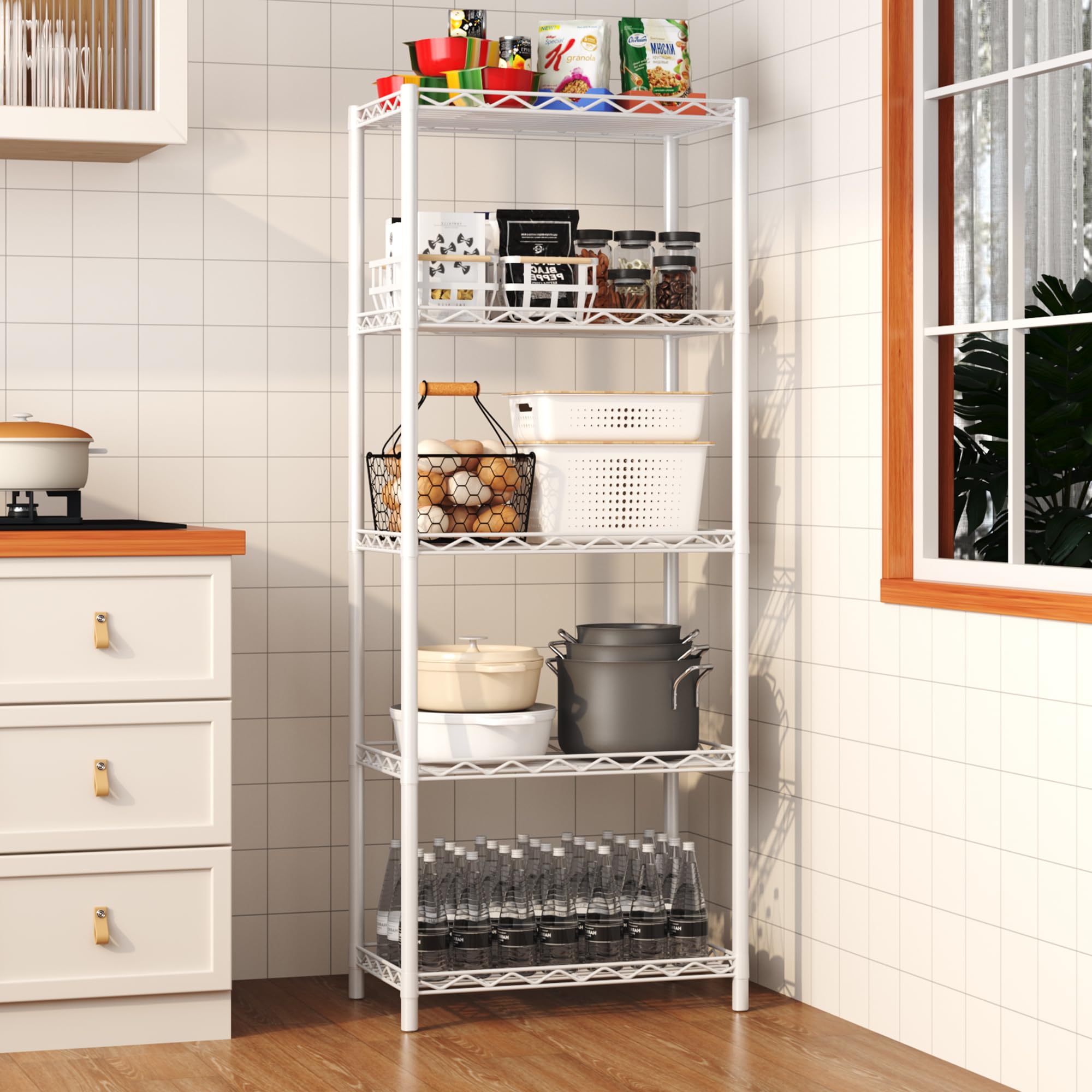 HOMEFORT Drahtregal mit 5 Ebenen, 5 Regalböden, Metall, langlebig, Organizer, perfekt für Speisekammer, Schrank, Küche, Wäsche, Organisation, in Weiß