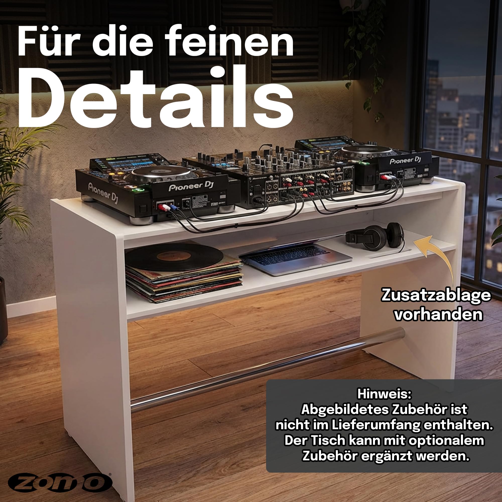 Zomo Deck Stand Ibiza 150 - DJ Tisch 153 x 50,6 x 96 cm - Weiß - MDF Holz - 46,1 kg - für 2 Decks und einen Mixer bis 19 Zoll