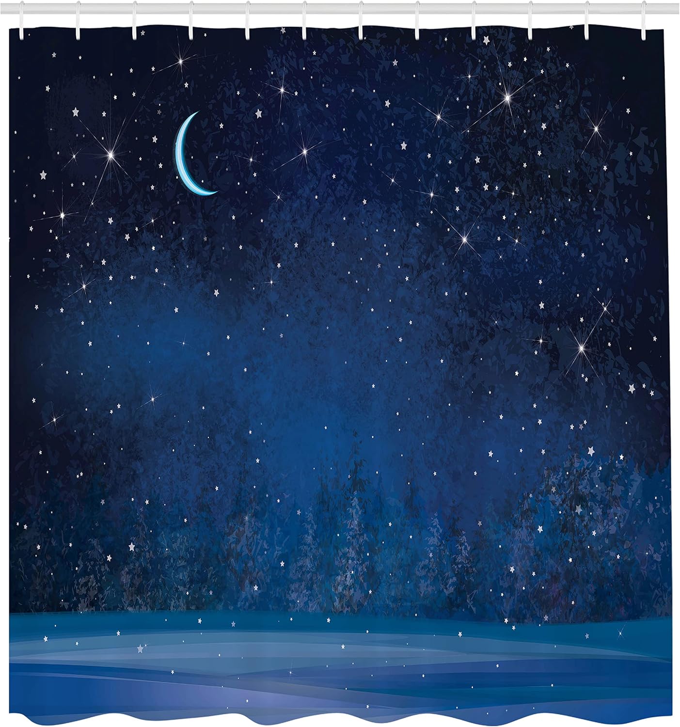 Ambesonne Moon Shower Curtain, Winter Season Wonderland Starry Sky Night Forest Landscape Scenery Print, Cloth Fabric Bathroom Decor Set with Hooks, 69" W x 84" L, Dark Blue