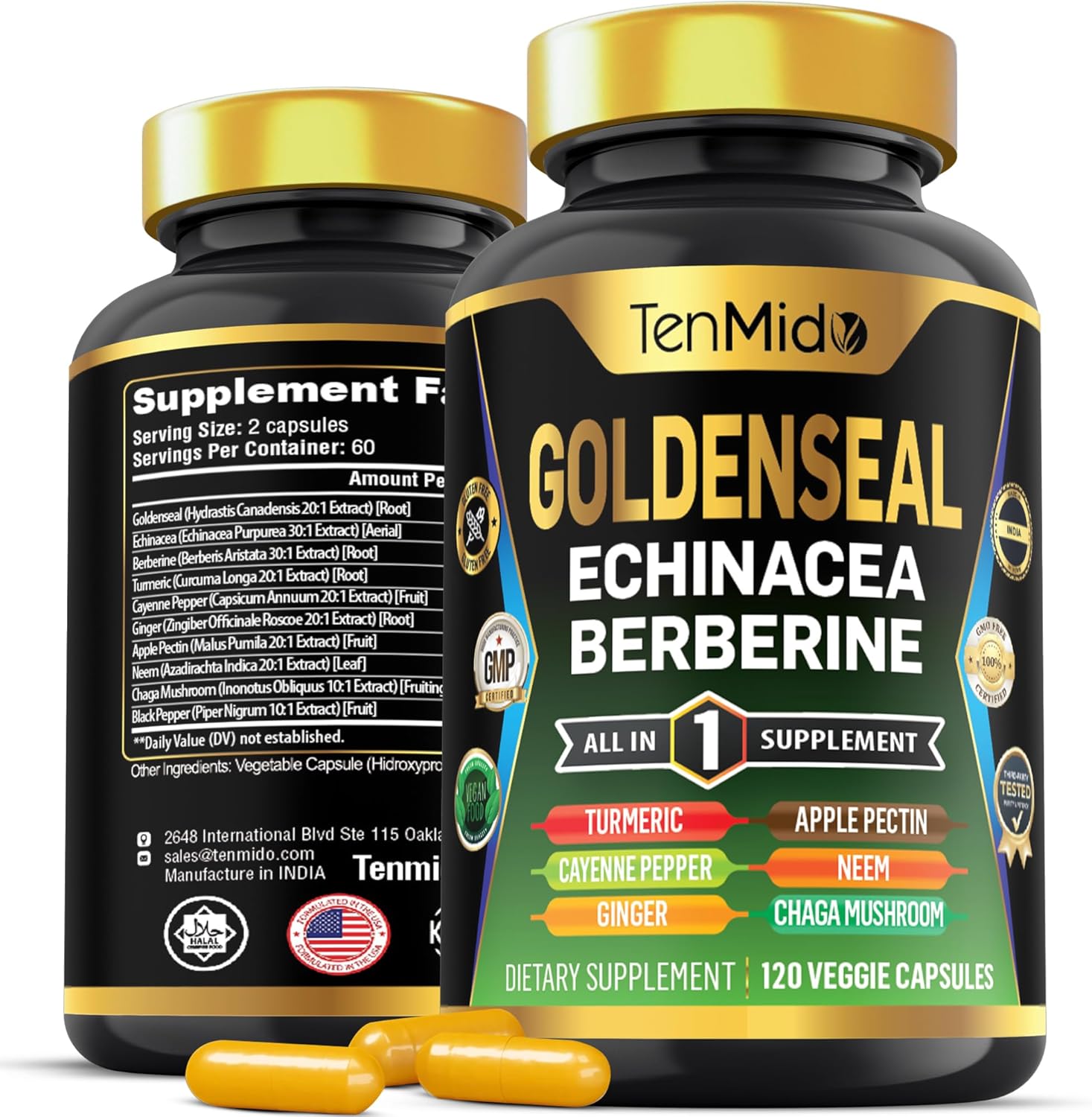 Goldenseal Root Supplement – 10in1 Formula – Combine with Echinacea, Berberine, Turmeric, Cayenne Pepper, Ginger, Apple Pectin, Neem, & More – Digestive Health Support – 120 Capsules
