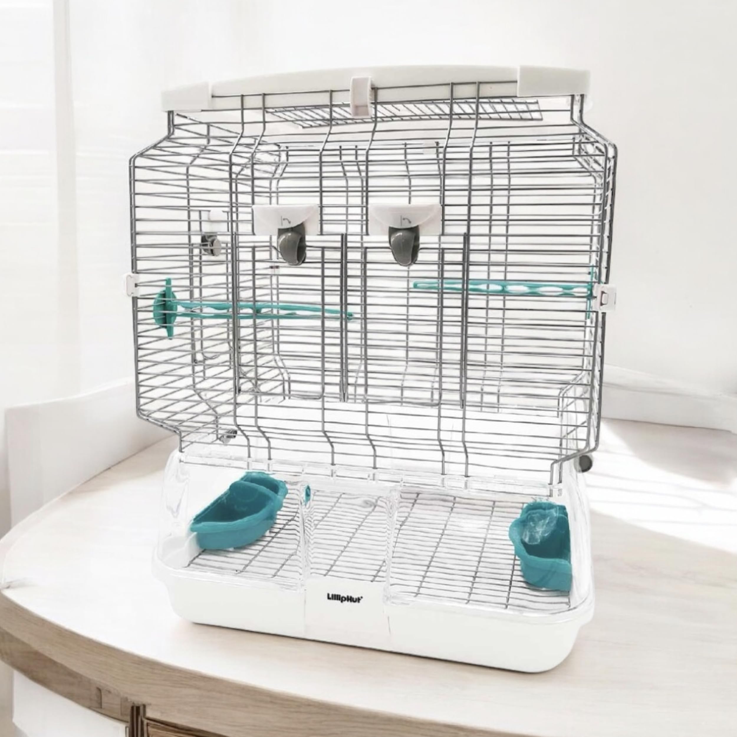 LillipHut Bird Cage - Metal Construction, Removable Base, Multi-Level Perches, Easy Interaction, Simple to Clean, Spacious and Durable (Turqoise, Small, 1 Floor)