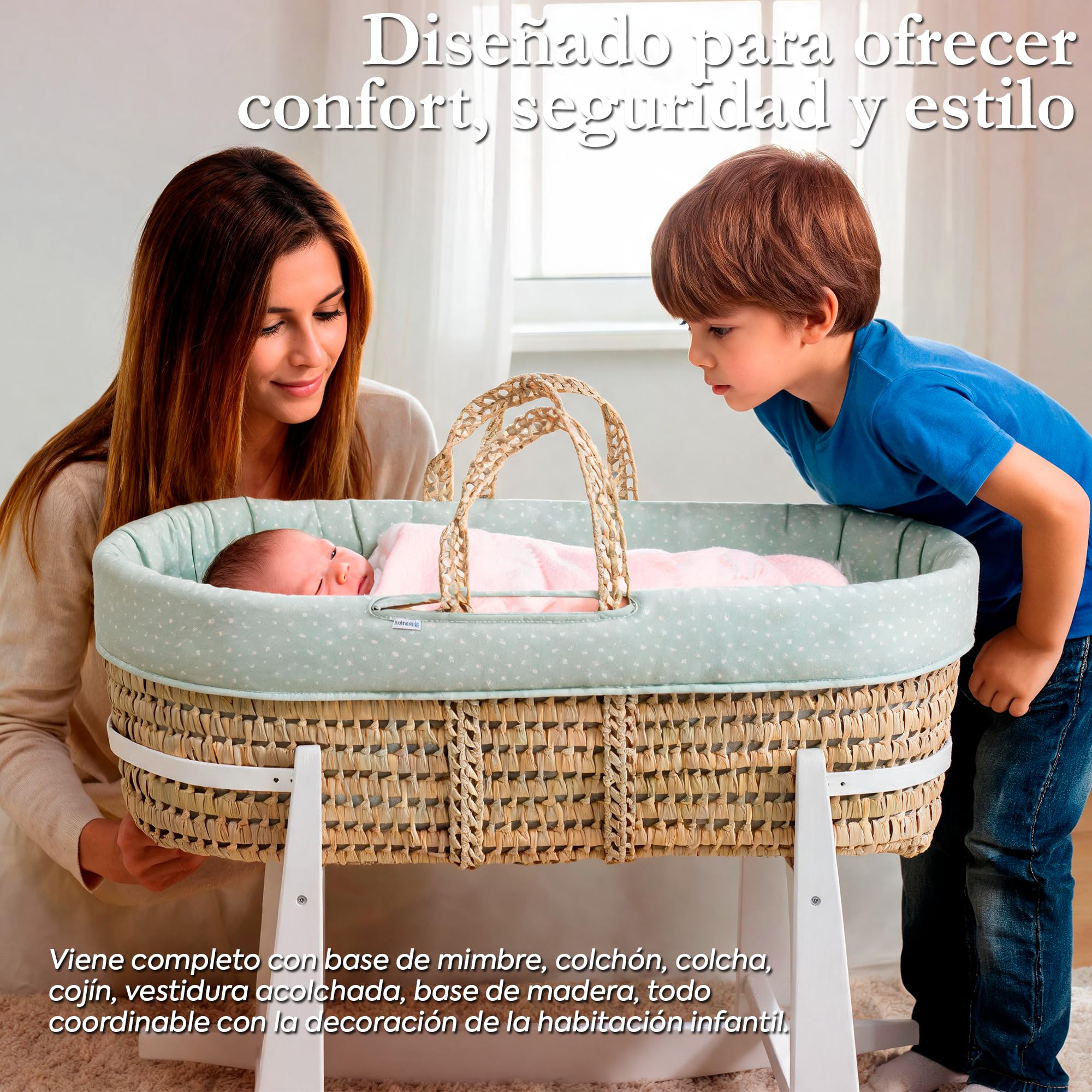 Cambrass-moisés para bebé con Soporte de Madera-capazo de Palma para los Primeros Meses del bebé-moisés de Mimbre con Asas para facilitar su traslado - Abete Beige/Natural 39x80x25 Cm