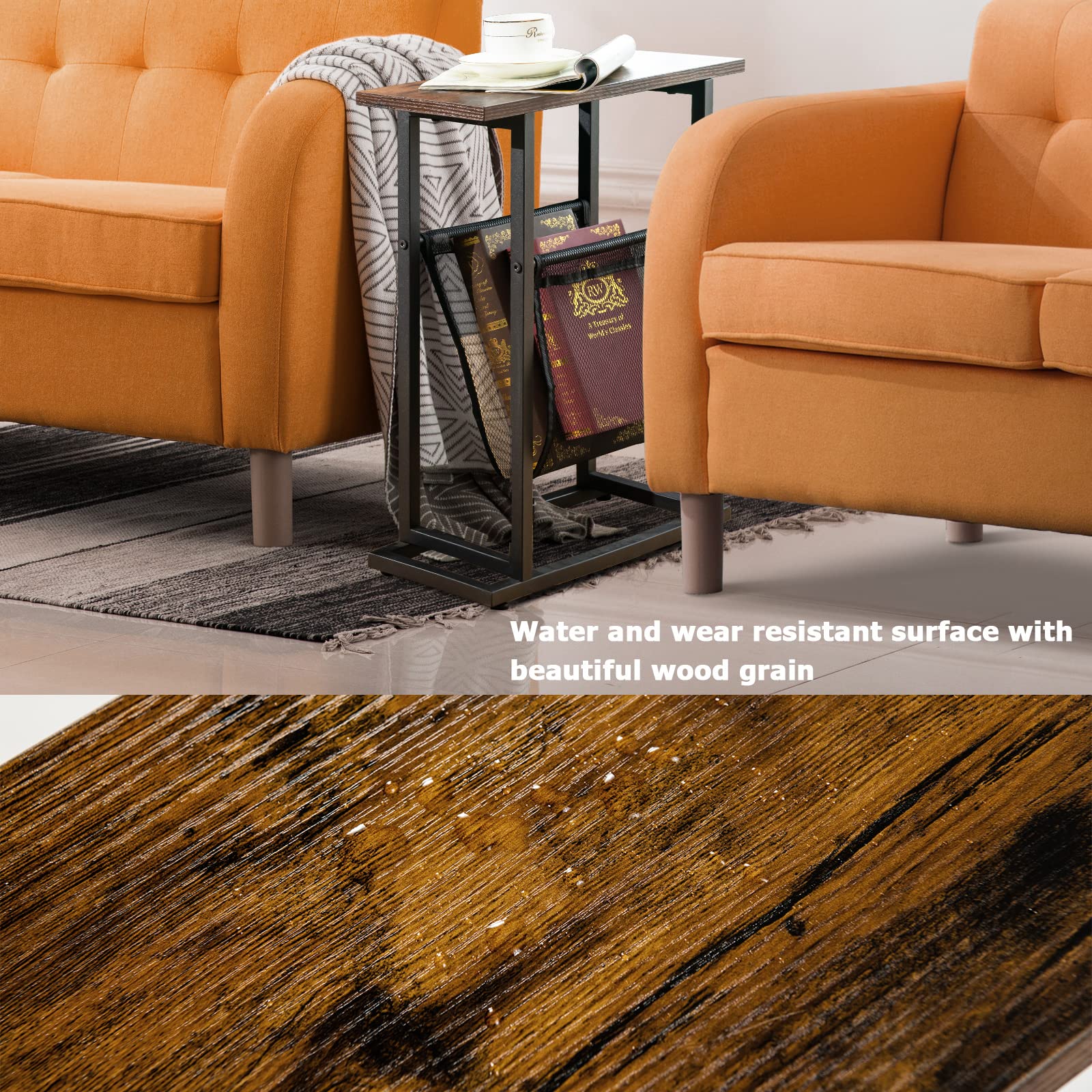 LIFEZEAL Beistelltisch mit Seitentasche, schmaler Holztisch für Zeitschriften, Sofatisch im industriellen Stil, Sofa-Seitentisch für Wohnzimmer, Schlafzimmer, 45 x 18 x 54,5 cm
