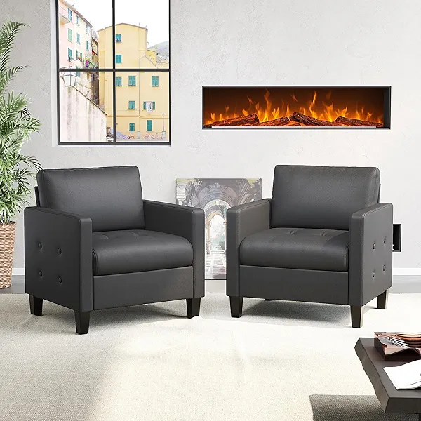 STHOUYN Accent Chairs Set of 2, Black Faux Leather Chair, Mid-Century Modern Living Room Chairs, Cozy Office Reading Chair with Tufted Seat and Armrest, Armchairs for Bedroom, Waiting Room (2)
