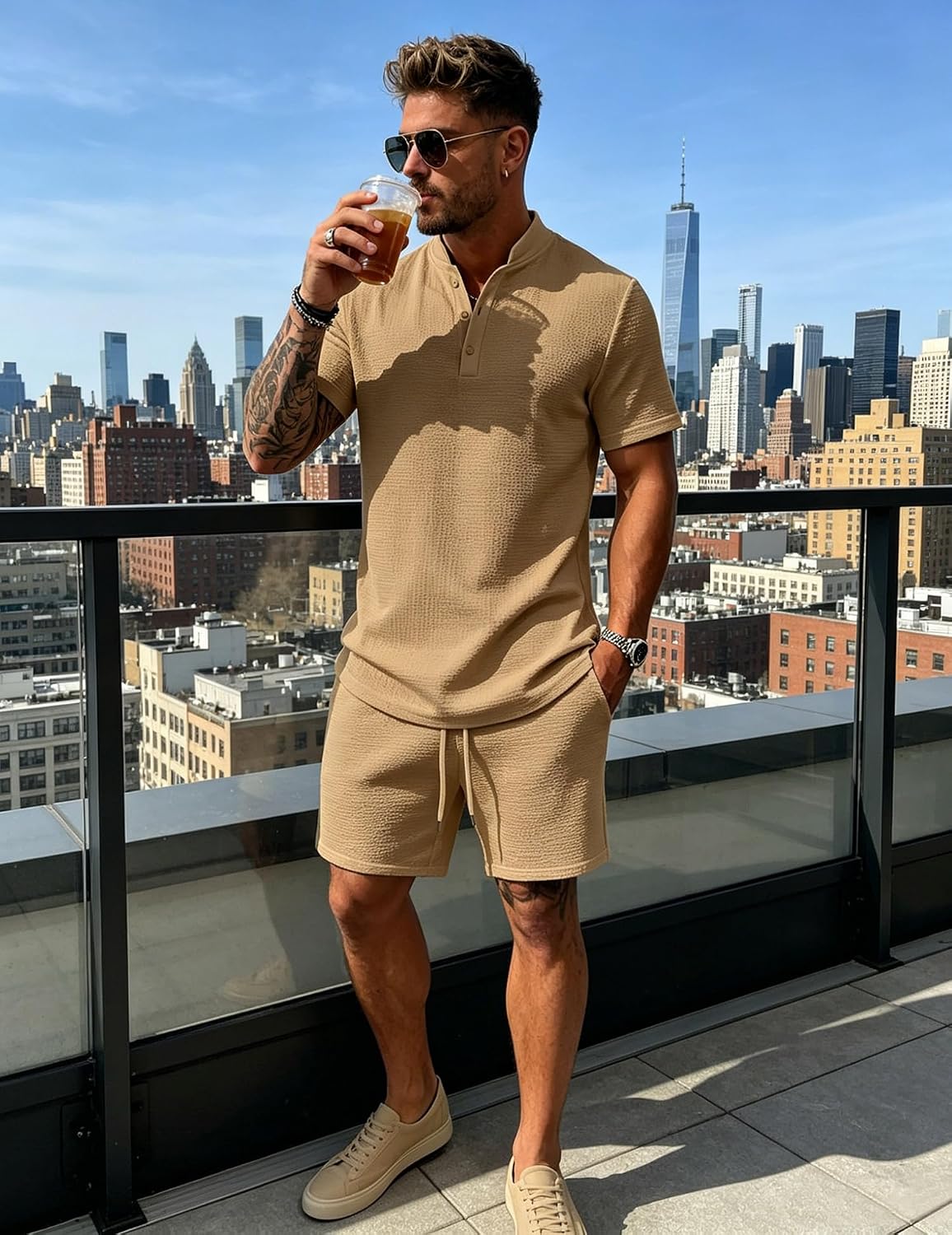 Men's Short Sets 2 Piece Summer Beach Outfits Short Sleeve Henley Shirts and Shorts Vacation Texture Set