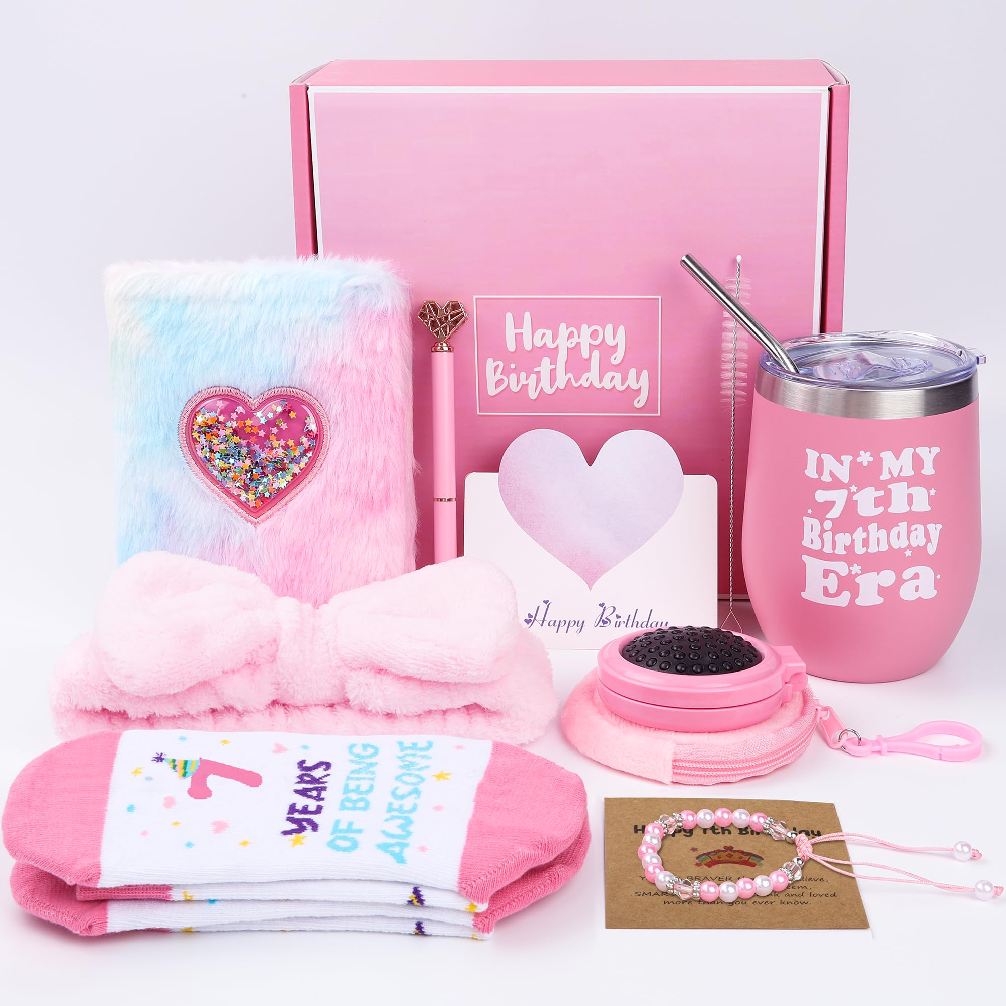 7 Year Old Girl Birthday Gifts - 9PCS Pink 7th Birthday Presents for Girl - Gifts for 7 Year Old Girls