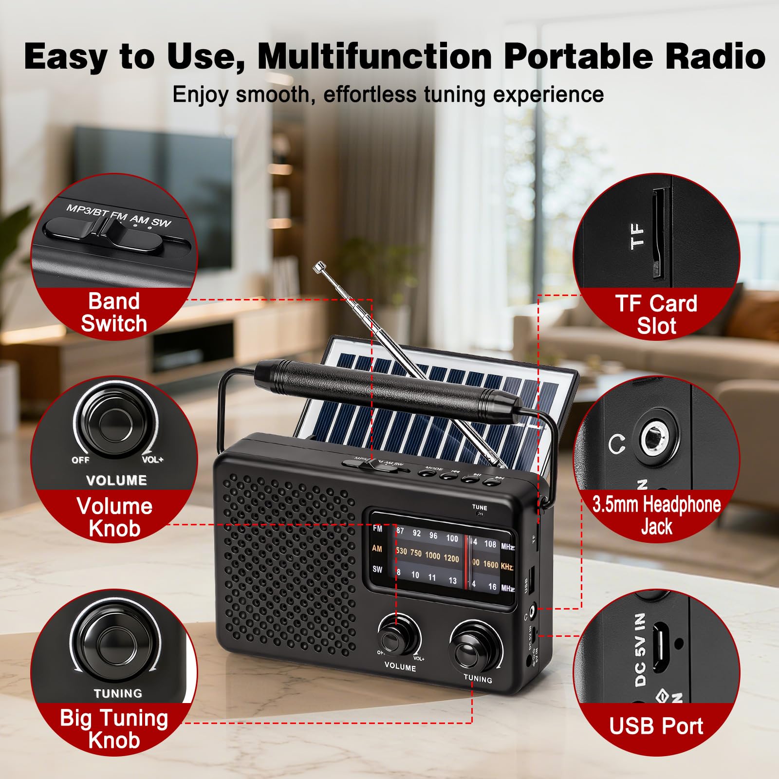 Tendak Radio Portatile, AM/FM/SW Radiolina Portatile con Solare a Rete e a Batteria, Radio Solare con Bluetooth/TF/USB per Uso Domestico/Esterno/Campeggio/Emergenza