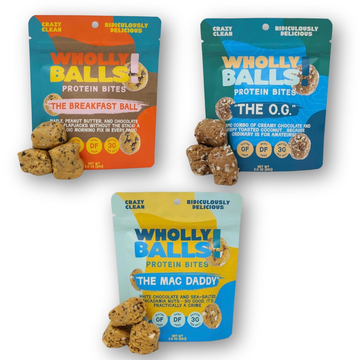 Wholly Balls Protein Bites – Healthy Plant-Based Snack | High Protein, Low Sugar, Gluten-Free Energy Balls (Pack of 3, Classic Combo Bundle)