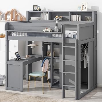 Wood Twin Size Loft Bed with Multiple Storage Shelves and Wardrobe, Multifunctional Solid Wood Loft Bed for Kids Teens Adults Grey/Storage9, Twin