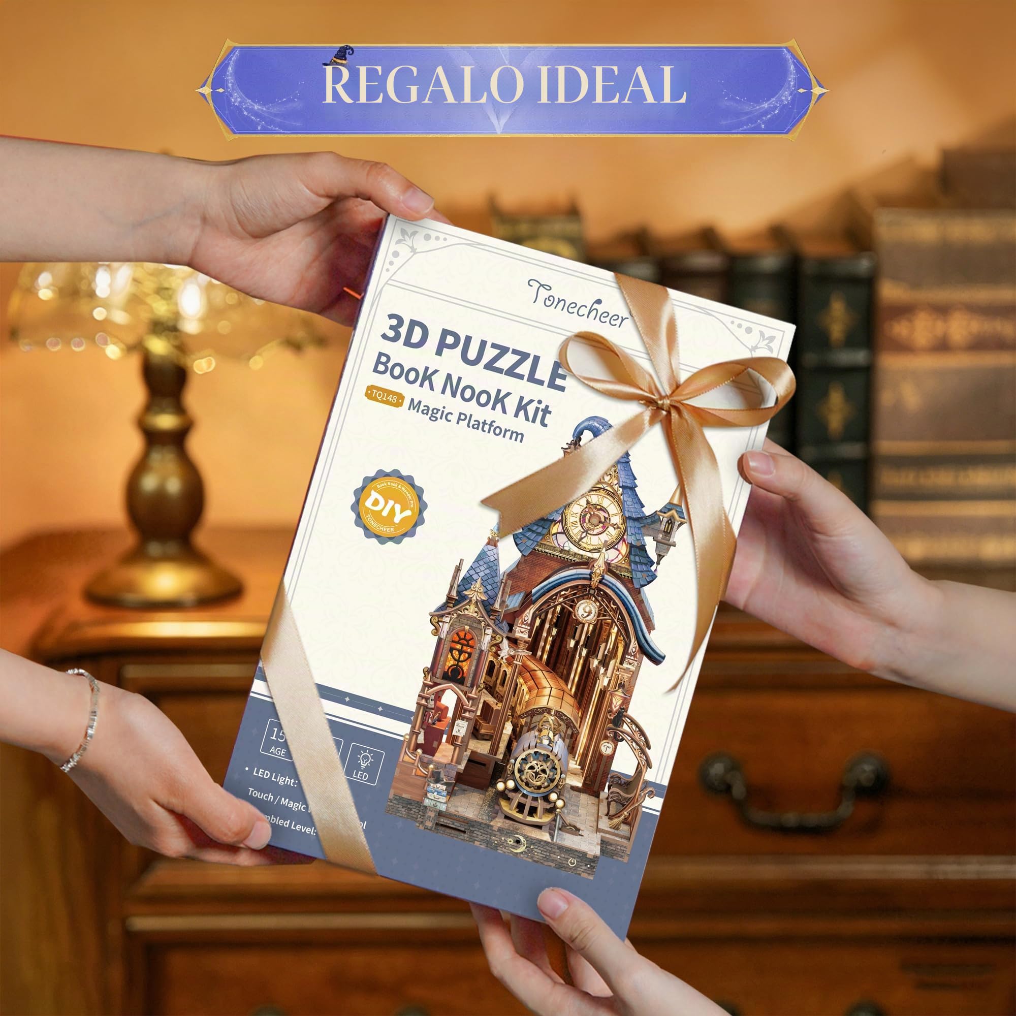 Tonecheer Puzzle 3D LED Book Nook Miniatura mágica interactiva con Espacio de expansión Infinito, Inserto DIY para estantería, decoración y Regalo Creativo (Estación Mágica)