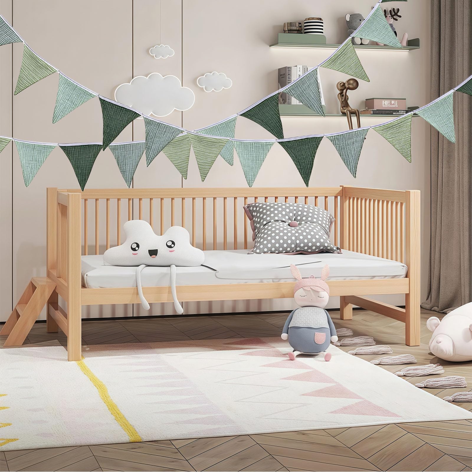 Guirlande Fanions Chambre Enfant 2,6m - Triangle Tissu Morandi Vert Décoration Murale Guirlande Fanions Tissus