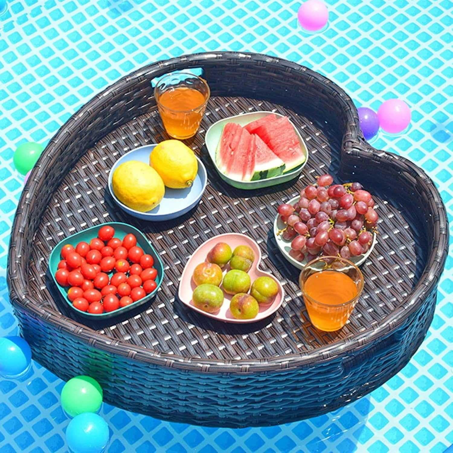 Extra Lar - Vassoio galleggiante per piscina in rattan a forma di cuore, fatto a mano, perfetto per feste all'aperto, riunioni in spiaggia e servizio in piscina