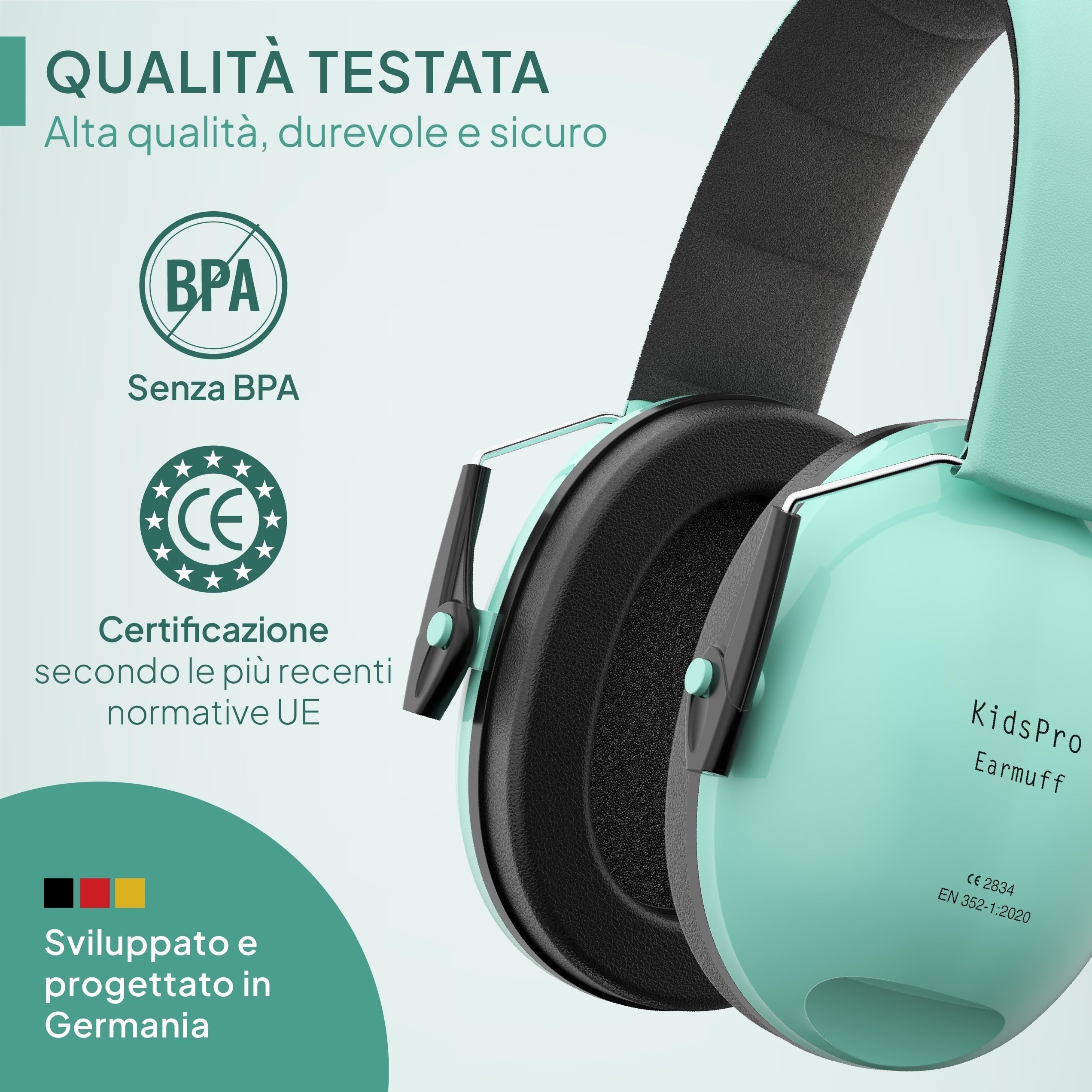 Senner ® KidsPro | Protezione uditiva bambini - Cuffie antirumore con SNR elevato di 28 dB - fino a 12 anni - regolabile - Paraorecchie per bambini - Turchese