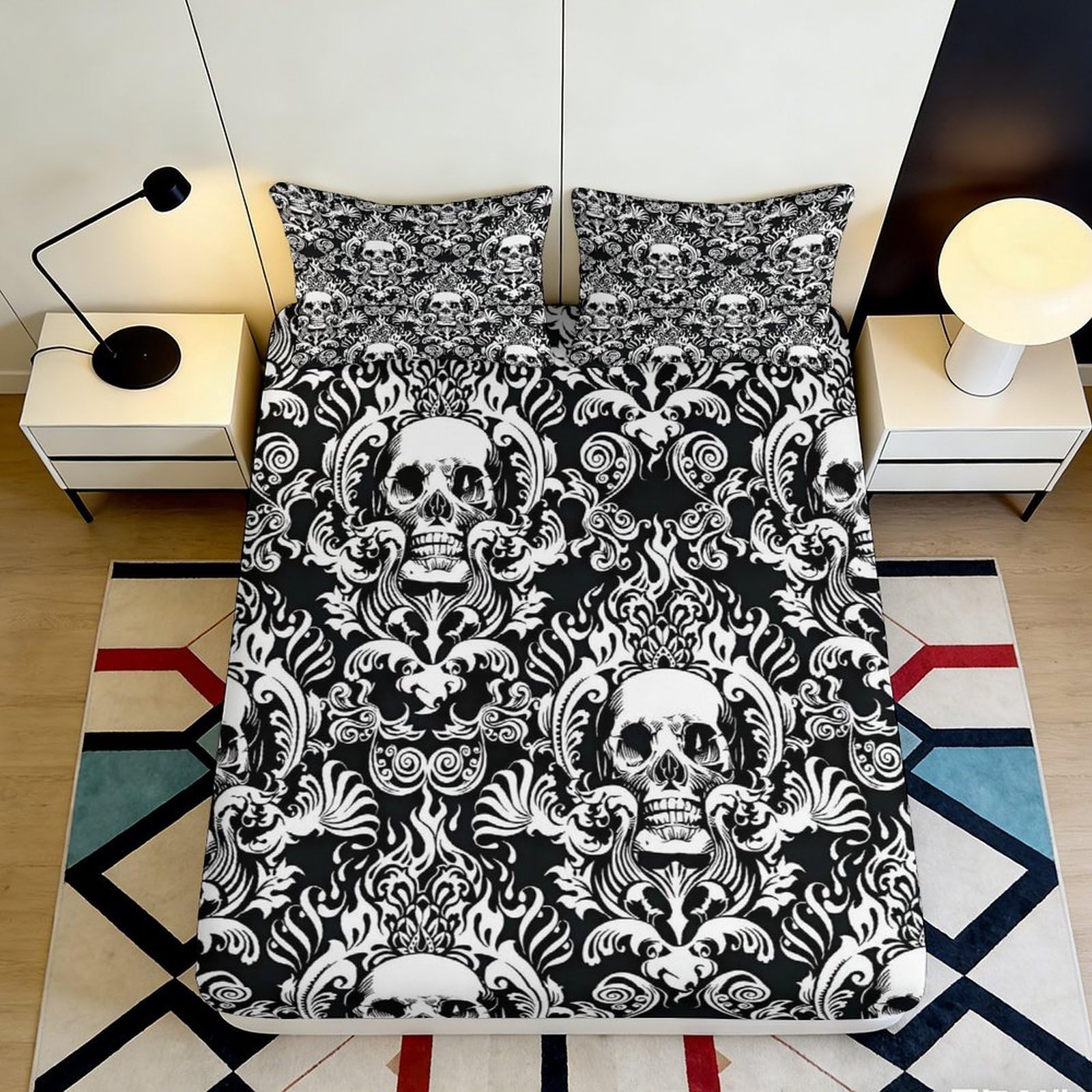 Pnayamiorkfel Style-7 3D Printed Gothic Skull Fitted Sheet Microfiber Black Baroque Mattress Cover For Bedroom Dorm Decorative Protection 90X200x25cm