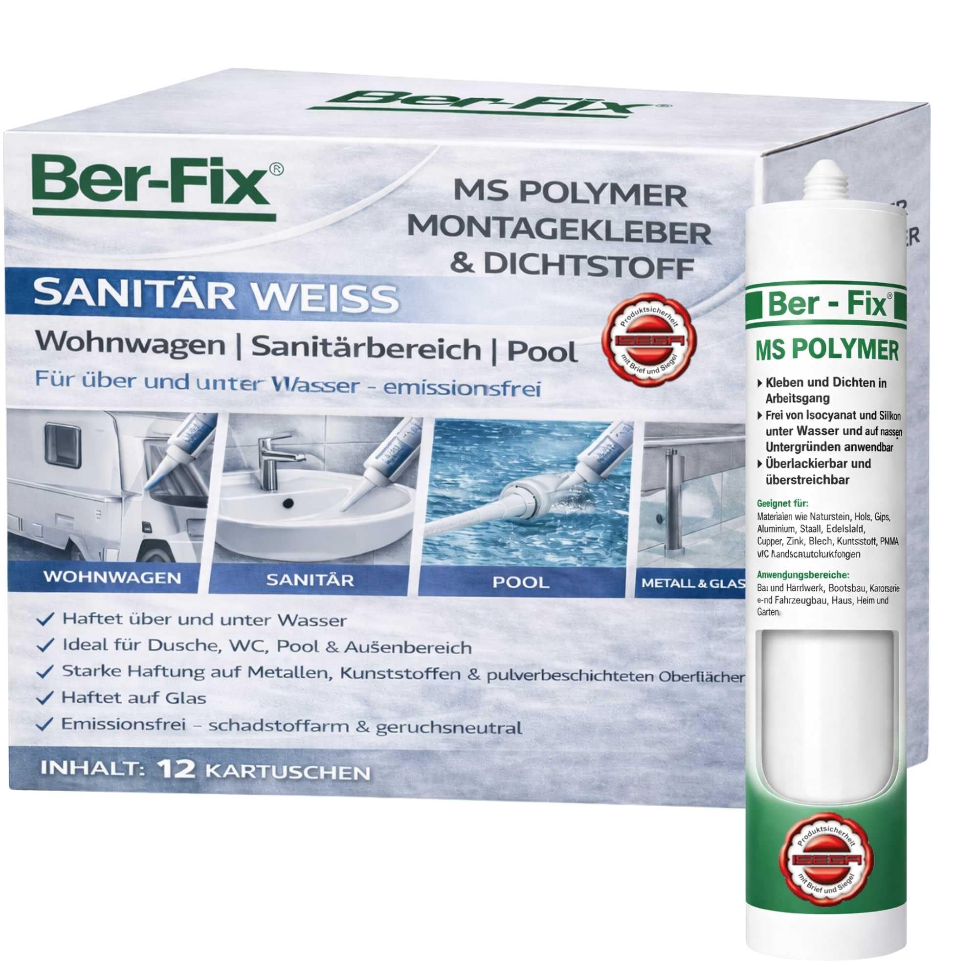 Ber-Fix MS Polymer Weiß Sanitär Fuge 12er Pack | MS Polymerkleber Weiß Sanitär Fuge 12er Pack: elastischer Kleb- und Dichtstoff