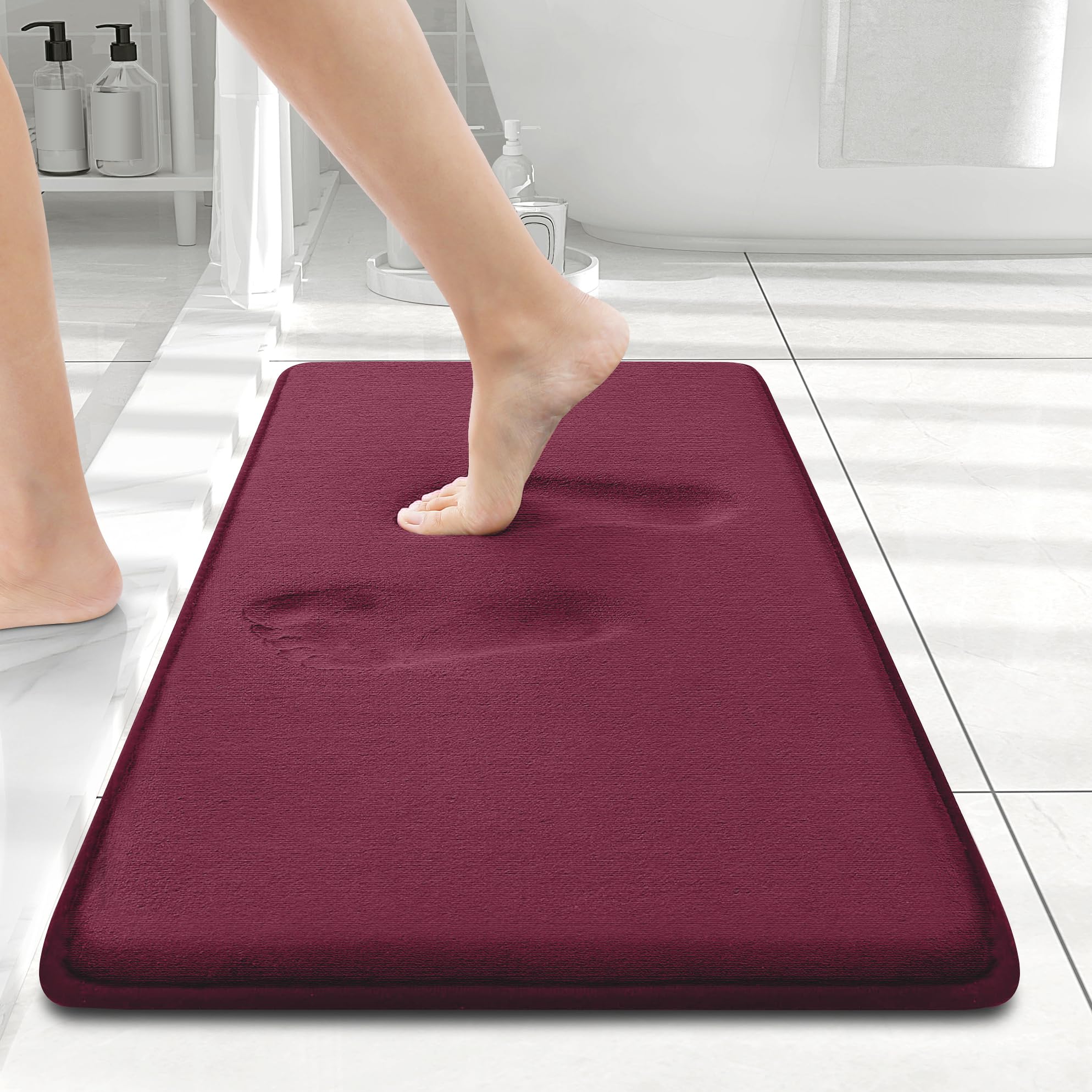 Smiry Memory Foam Bath Mat 24x16, Extra Soft and Absorbent Bathroom Mats, Non Slip Washable Carpet for Floor, Shower and Tub, Burgundy