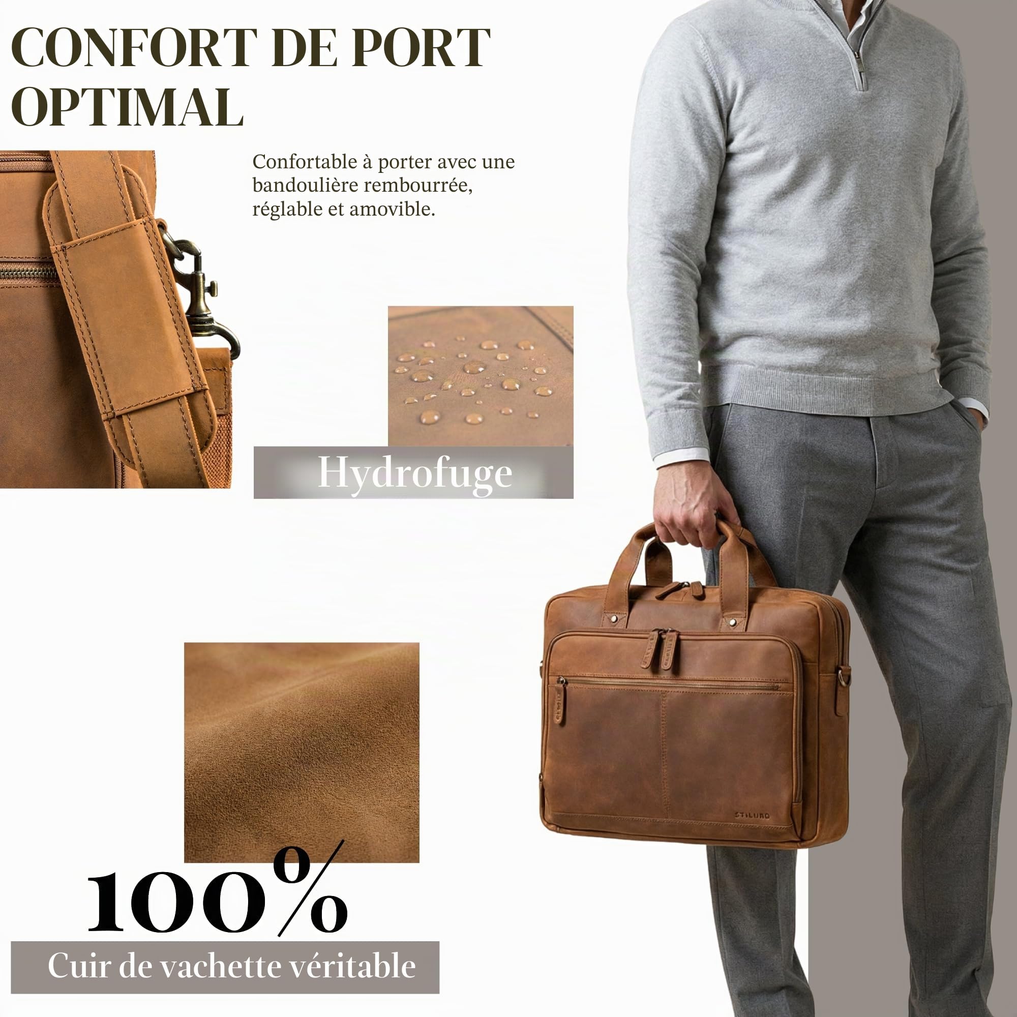 STILORD "Ronan Serviette Cuir Homme Grande Sacoche Ordinateur 16 Pouces Travail Besace Business - Cartable Enseignant A4 Porte Document avec Bandoulière Amovible Couleur:noir