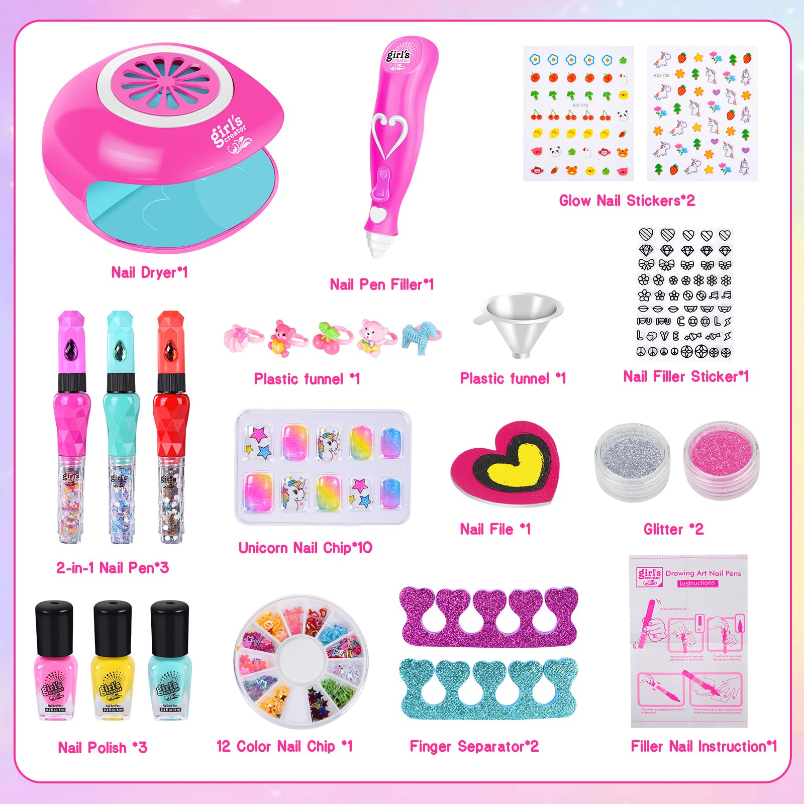Herenear Set Manicura Niñas, Esmalte de Uñas Secador de Uñas, Juguetes Kit Uñas Niñas, Pegatinas de Uñas Juego Cumpleaños Regalo para Niños Niñas 5 6 7 8 9 10 11 12 Años