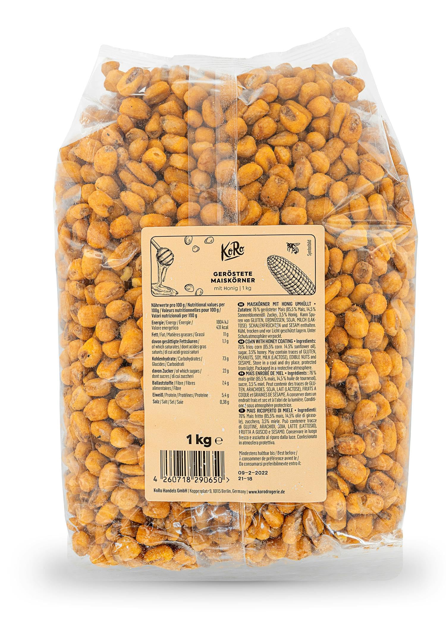 KoRo - Mais tostato con miele 1 kg - snack dolce e salato - super crunchy - vegetariano